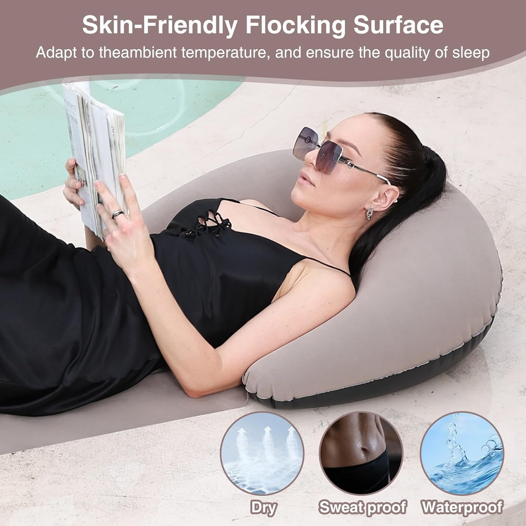 Portable Beach Mat with Inflatable Pillow, 70x30 Inches (Khaki)