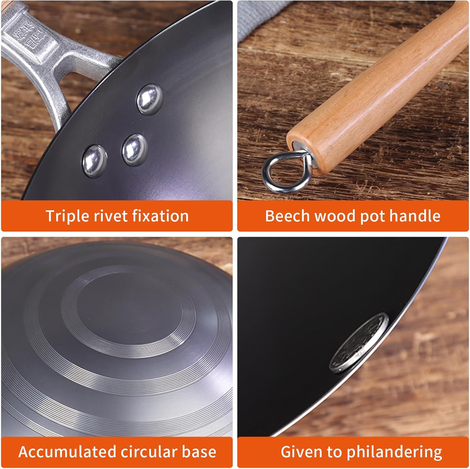 12-Inch Hand Hammered Carbon Steel Wok with Wooden and Steel Handle