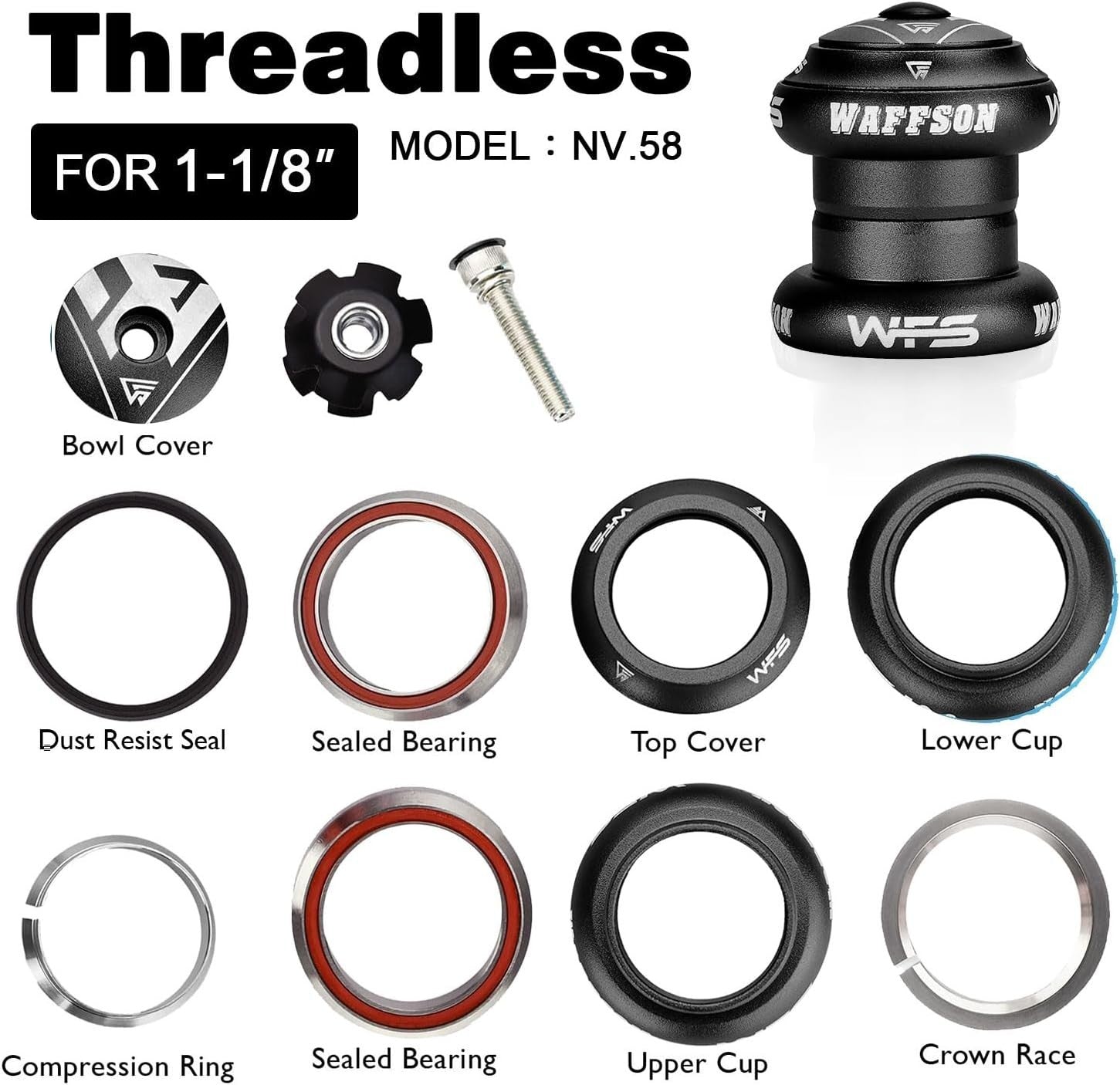 WFS NV.58 1-1/8" Threadless Bike Headset CNC Alloy Sealed Bearings 34mm Head Tub