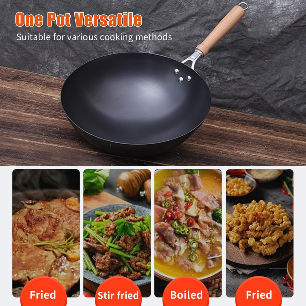 12-Inch Hand Hammered Carbon Steel Wok with Wooden and Steel Handle