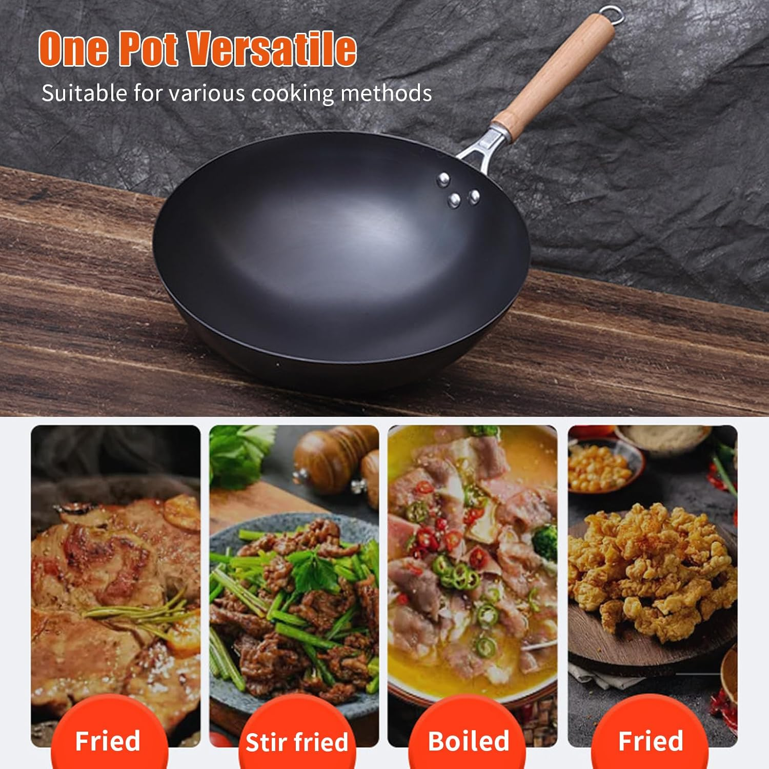 12-Inch Hand Hammered Carbon Steel Wok with Wooden and Steel Handle