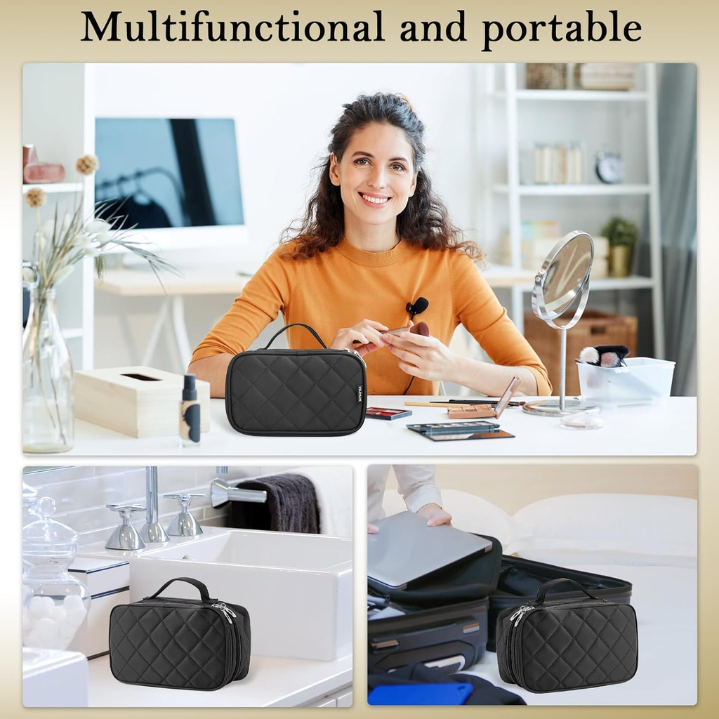 Double Layer Portable Cosmetic Bag with Mirror - Black Toiletry Organizer