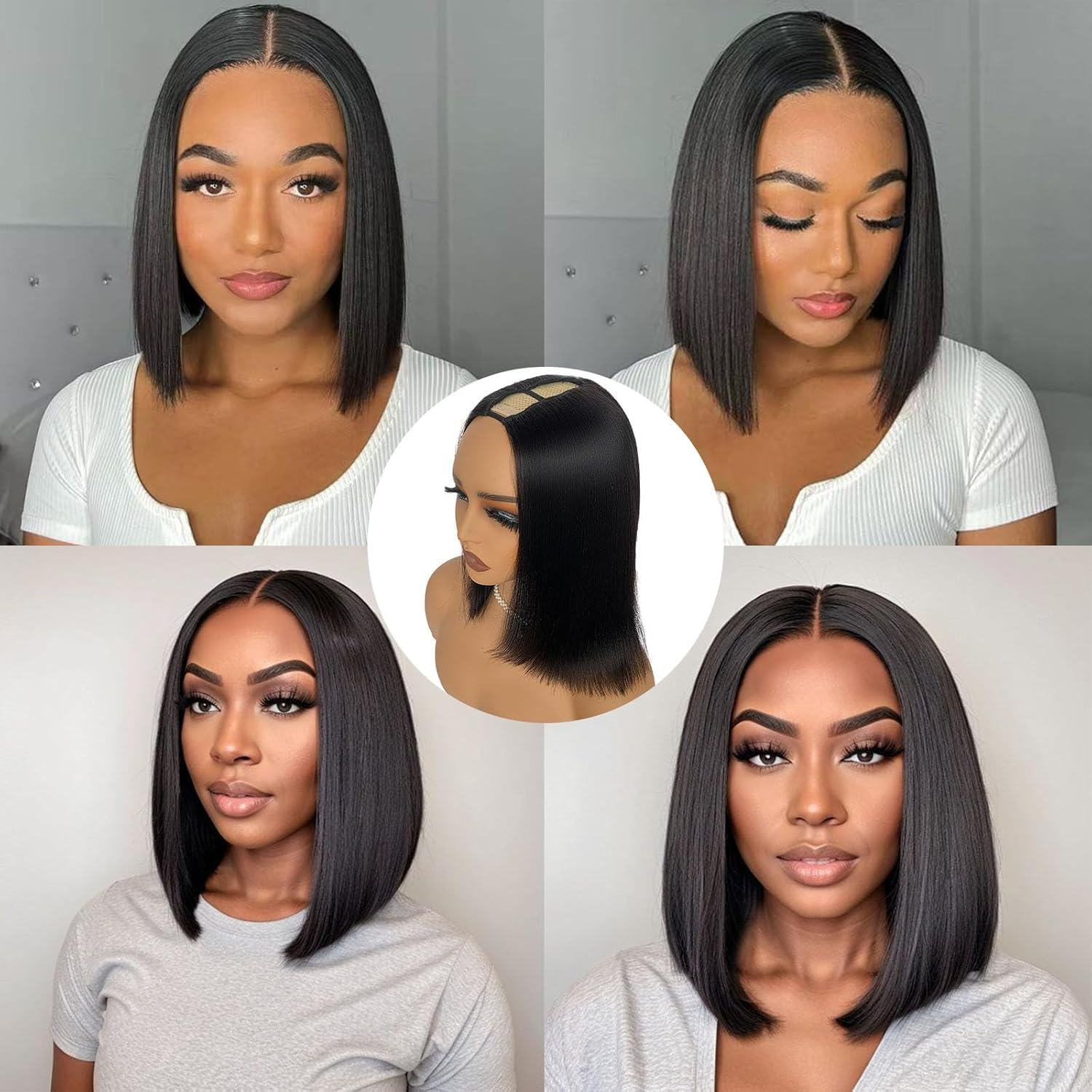 14-Inch V Part Bob Wig - Straight Human Hair, No Leave Out, Natural Color