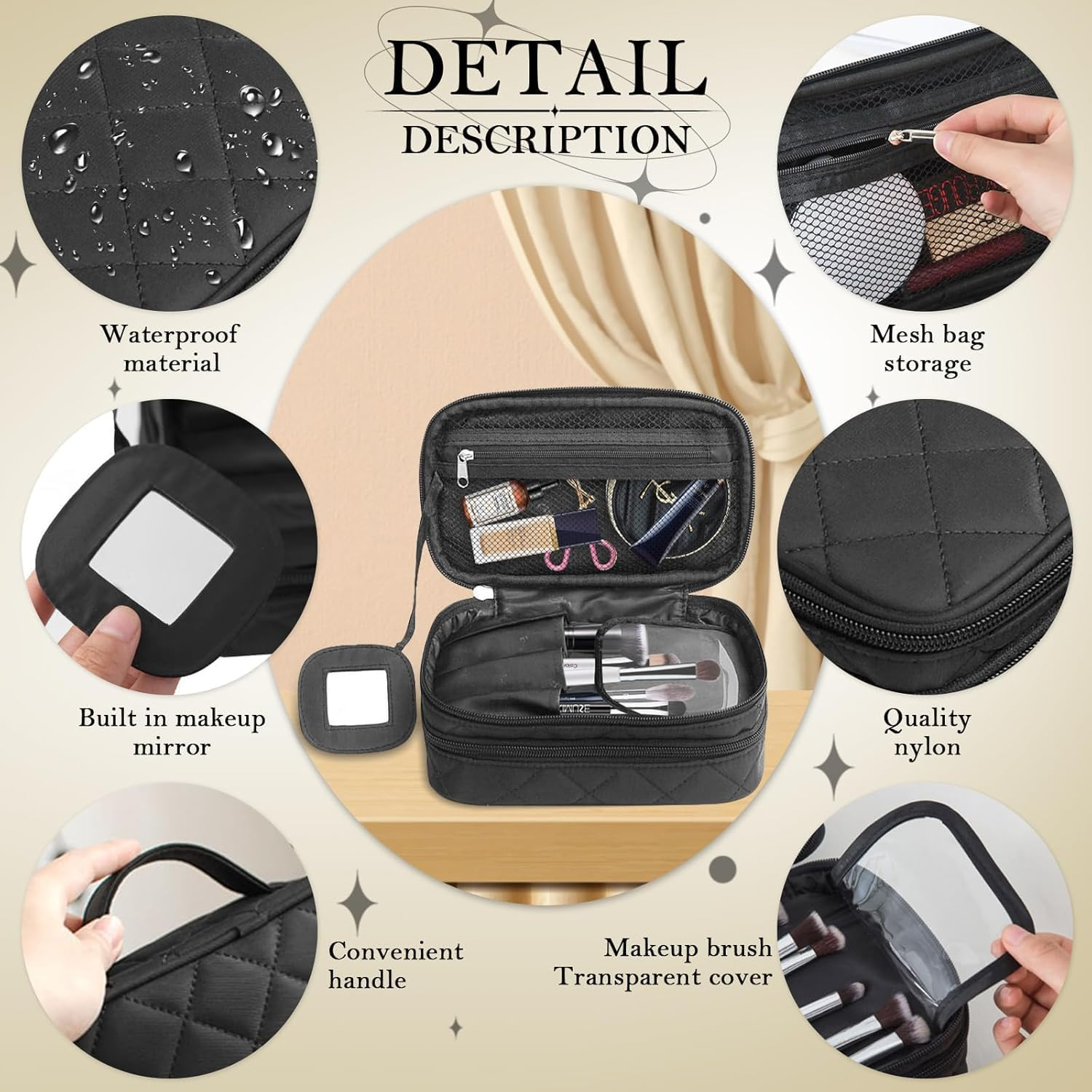 Double Layer Portable Cosmetic Bag with Mirror - Black Toiletry Organizer