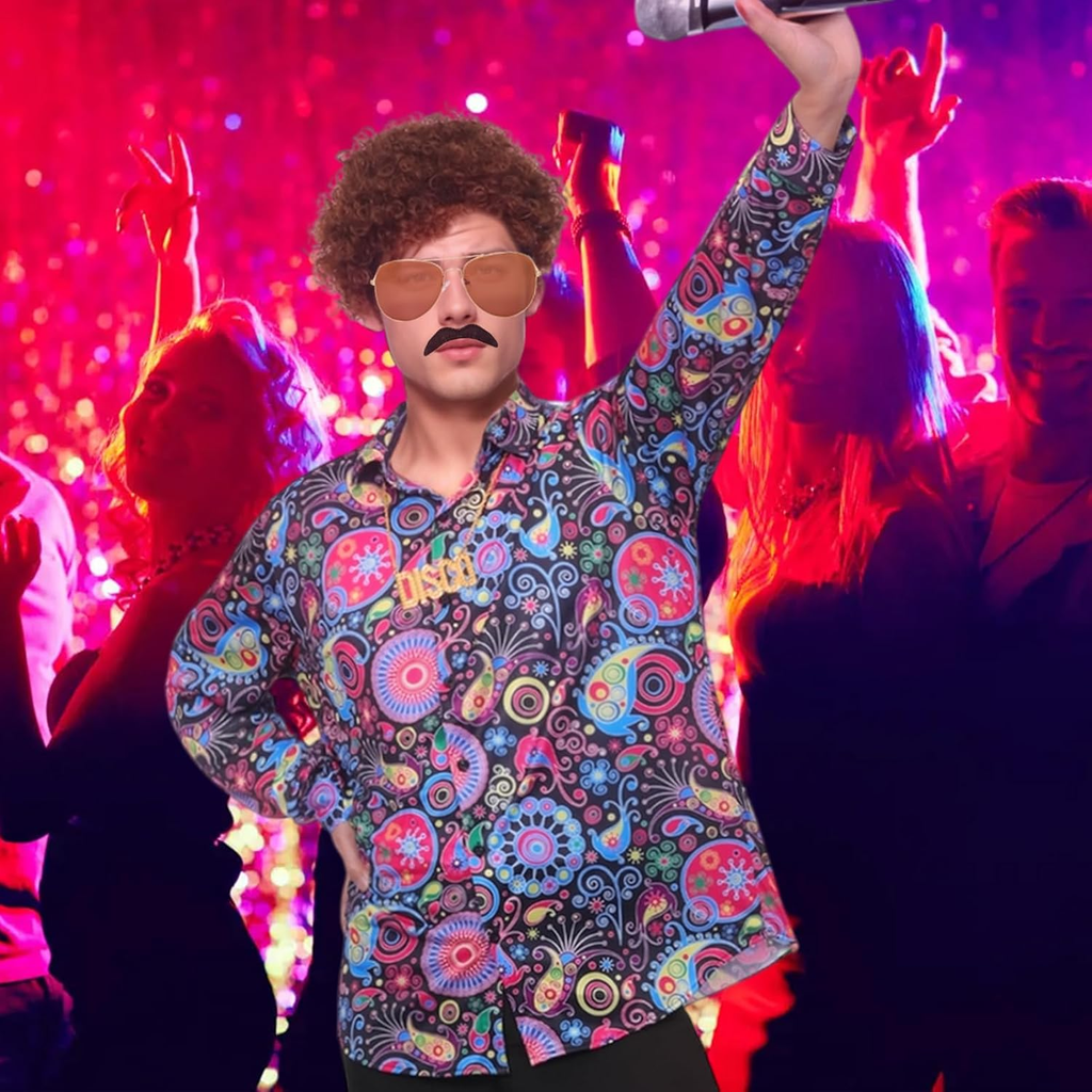 Men's 70s Disco Costume Set with Flared Pants, Shirt, M and L size