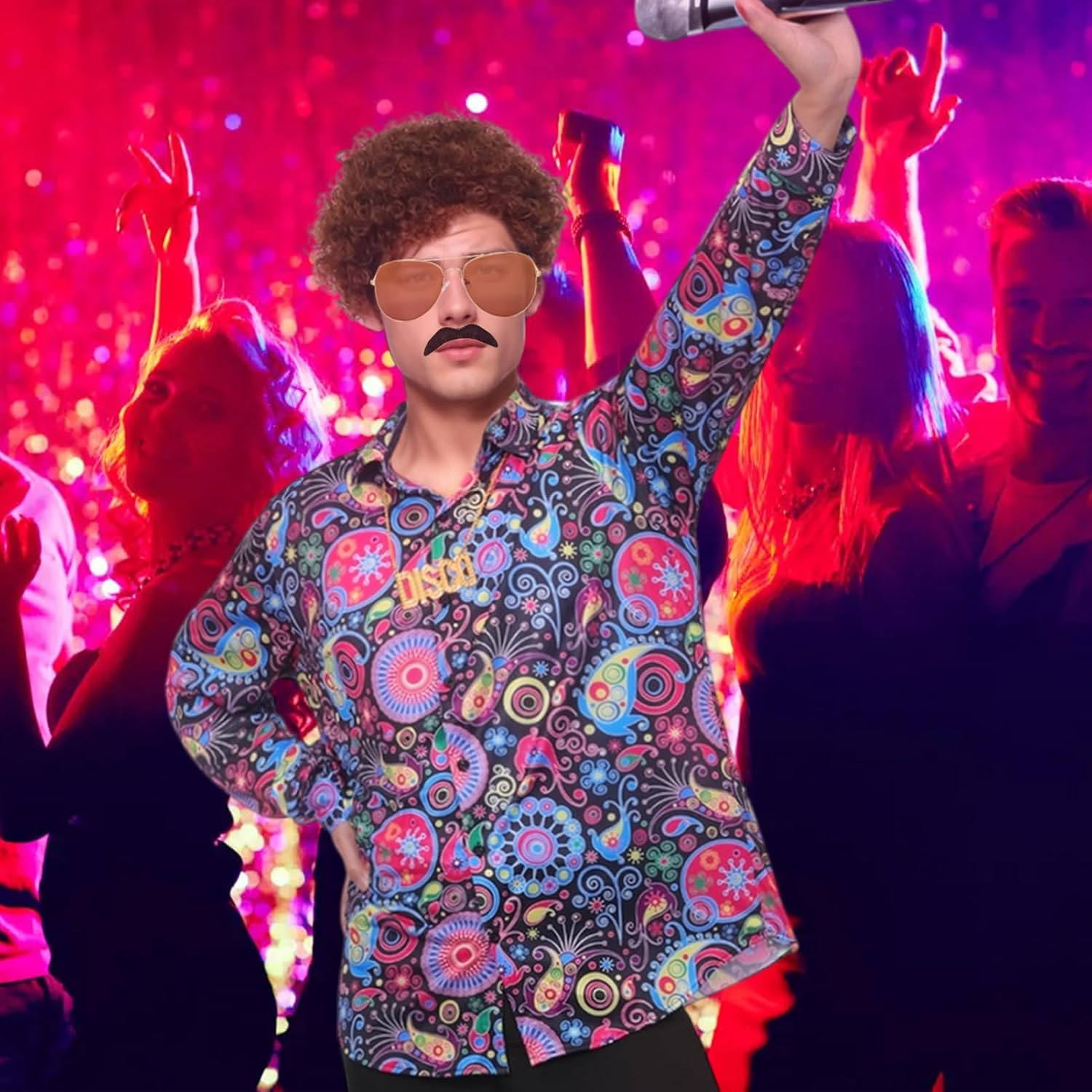 Men's 70s Disco Costume Set with Flared Pants, Shirt, M and L size