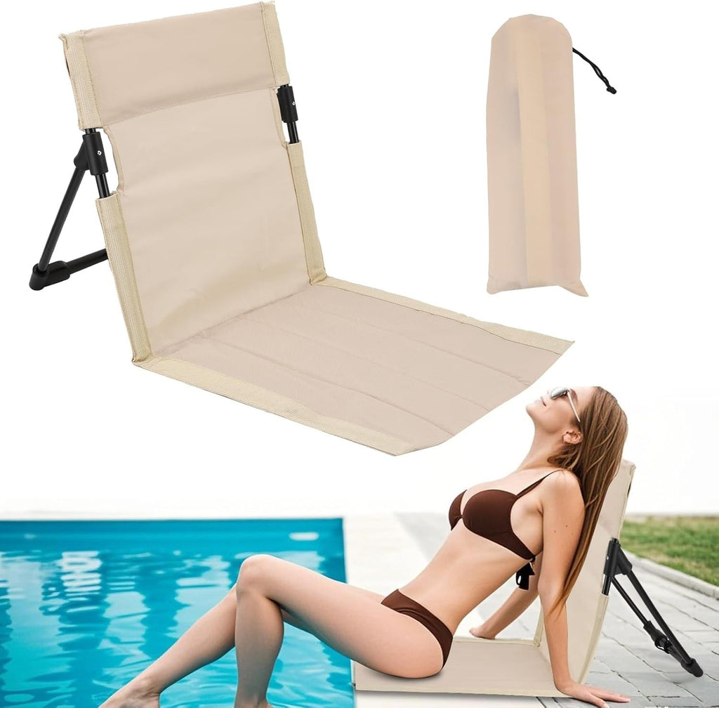2x Foldable Poolside Lounge Chairs | Portable Beach & Camping Seats - Beige