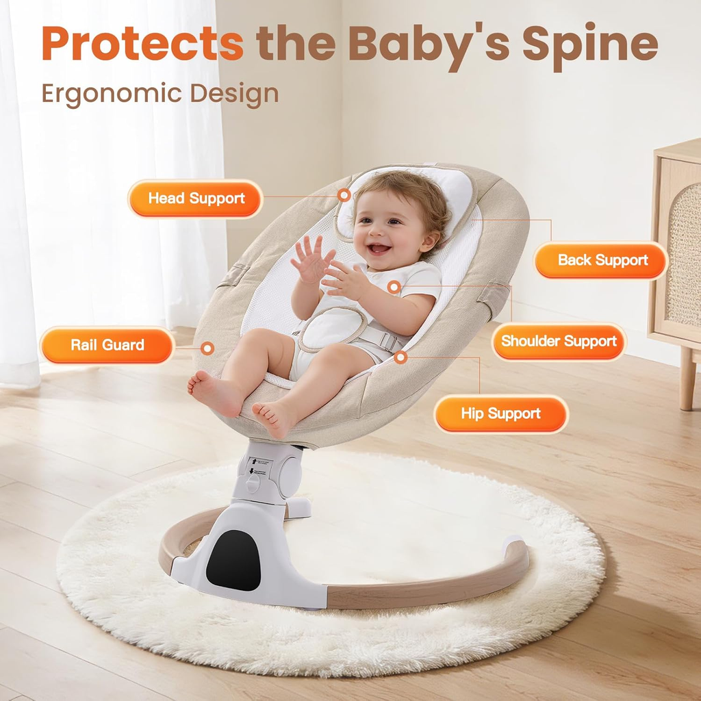Portable Electric Baby Swing Chair with Bluetooth, Remote & 5 Speeds, Beige