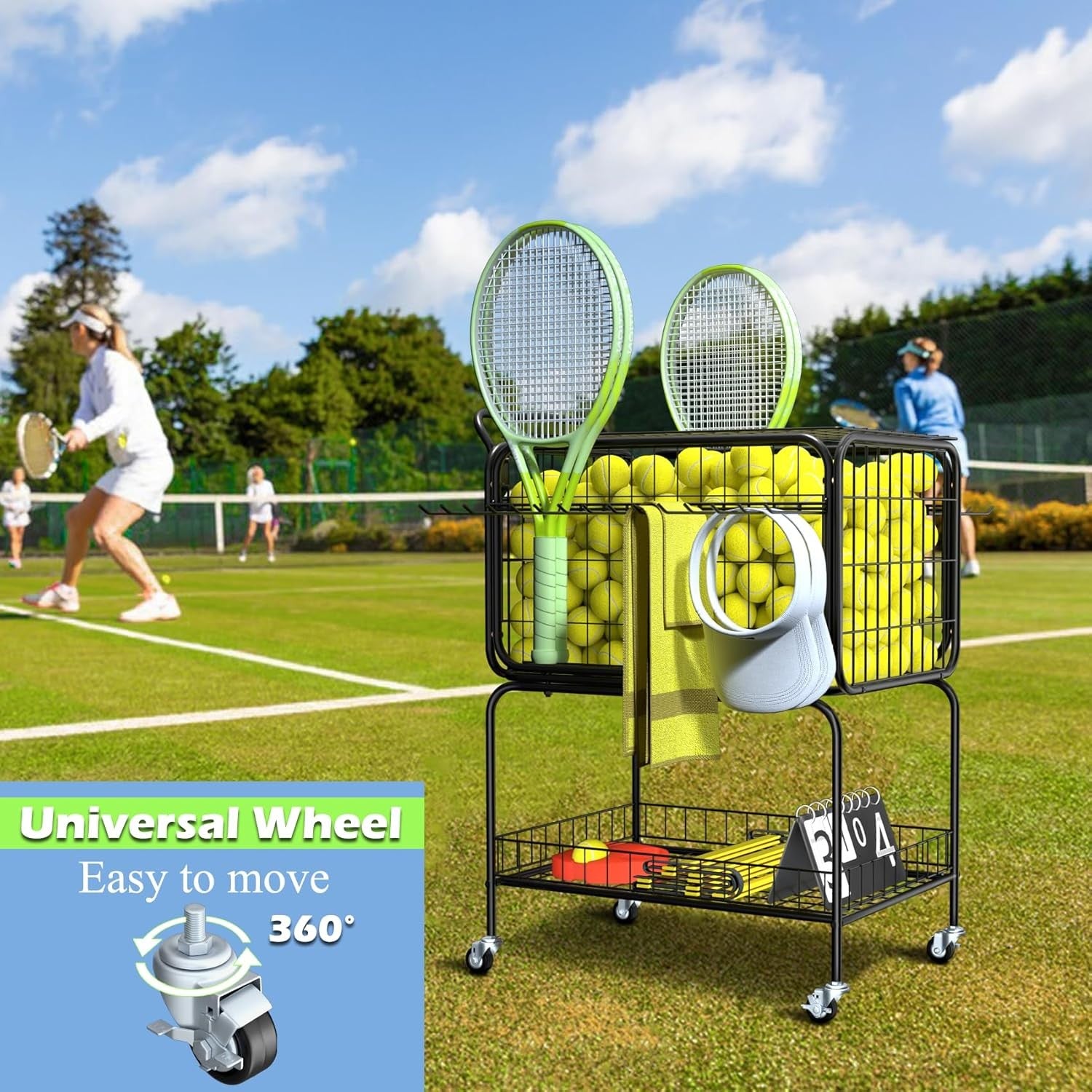 Tennis Ball Cart with Wheels, Holds 350 Balls, Racket Holder & Utility Trolley