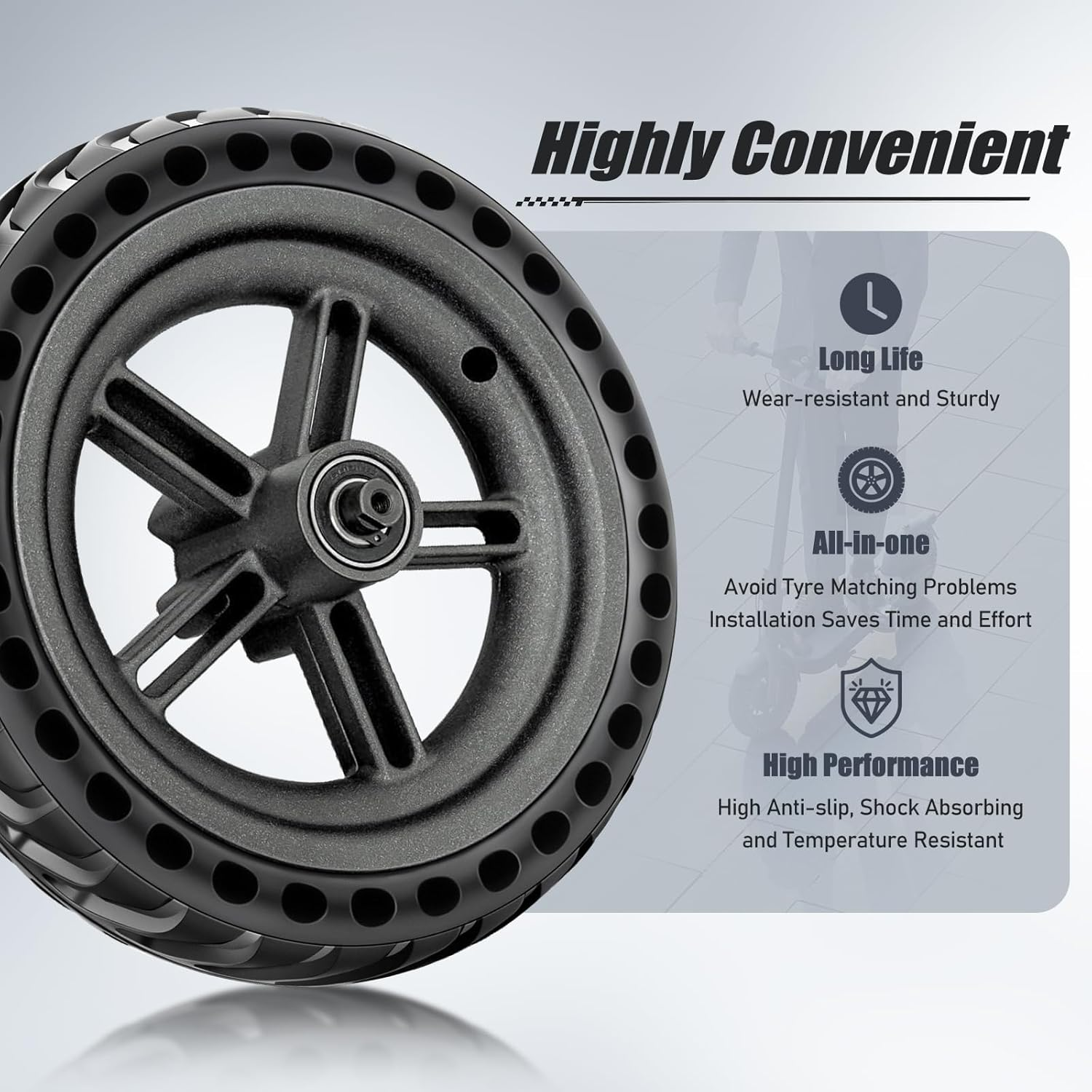 8.5" Electric Scooter Rear Wheel & Rim for Xiaomi M365, Solid Tyre, Easy Mount