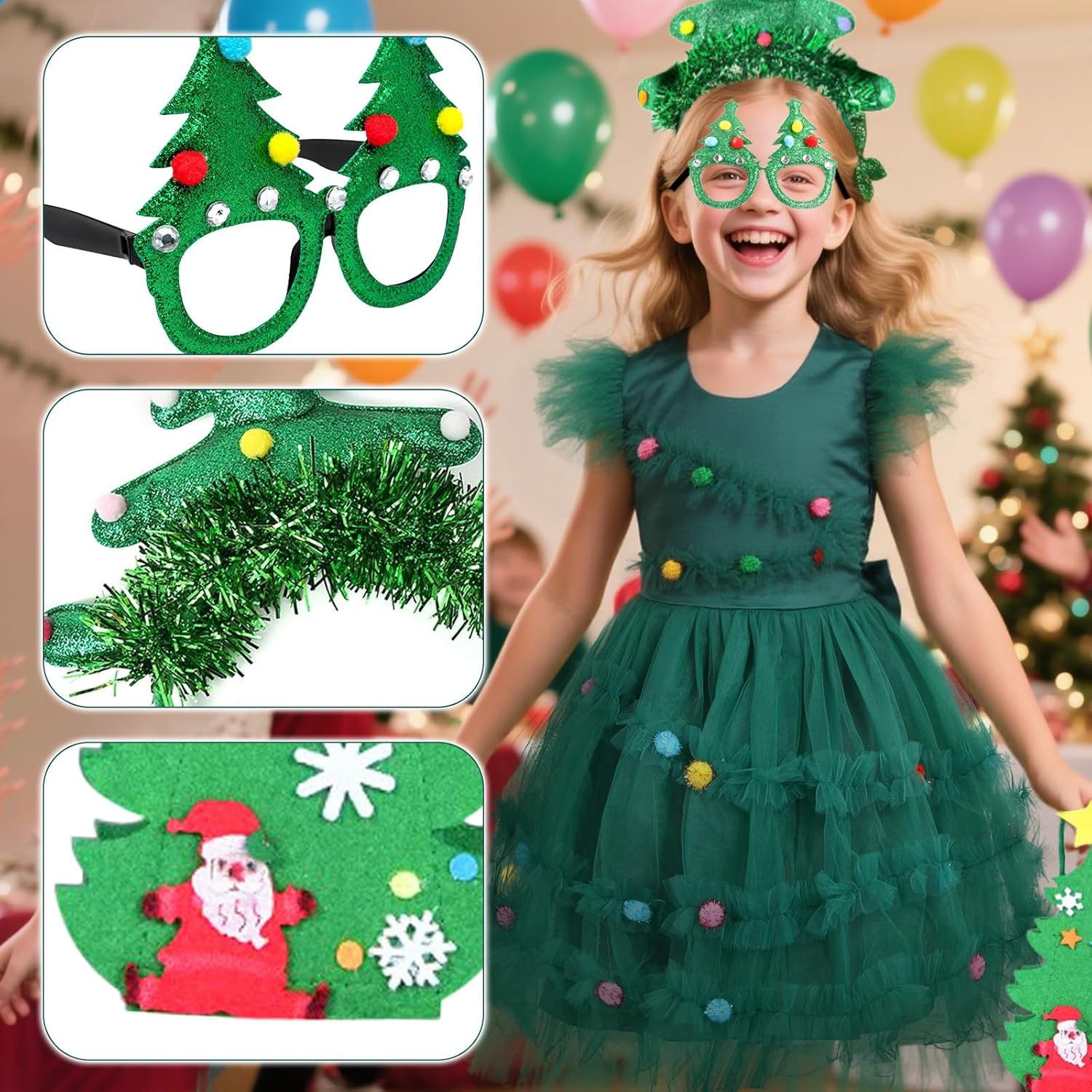 Girls' Christmas Tree Dress Costume Set with Accessories - 3PCS - Size XL