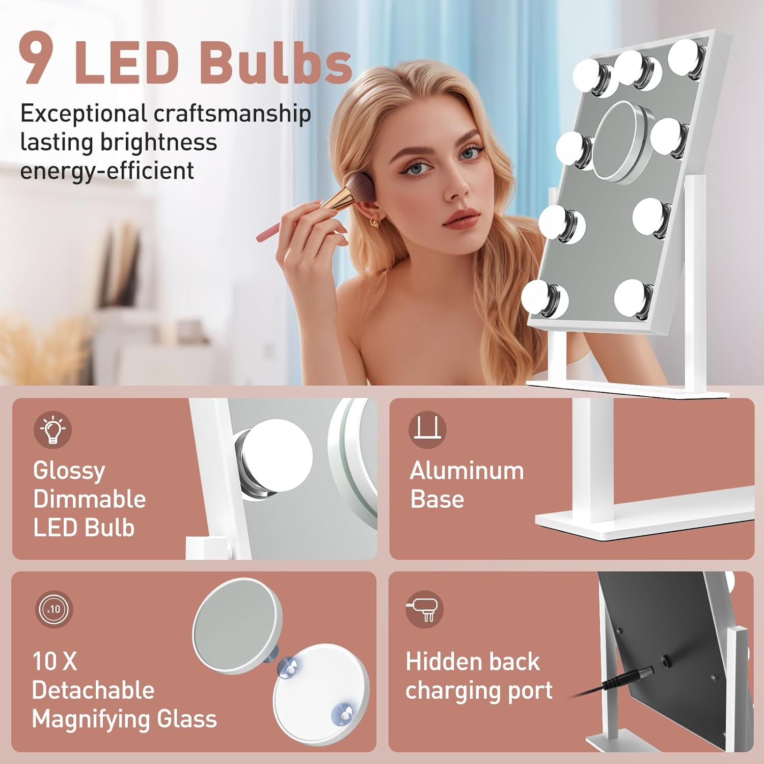 Professional Rechargeable Vanity Mirror with 10X Magnification and Dimmable Ligh