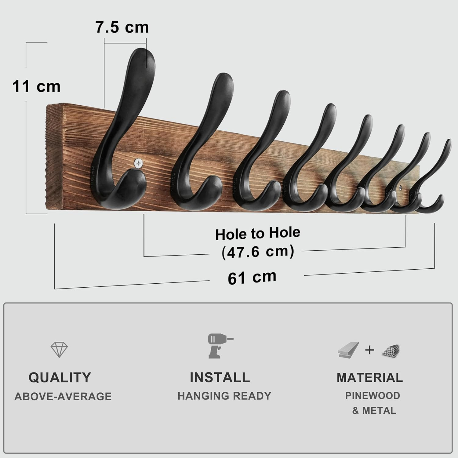 61cm Wooden Wall Coat Rack with 8 Double Hooks for Home Use