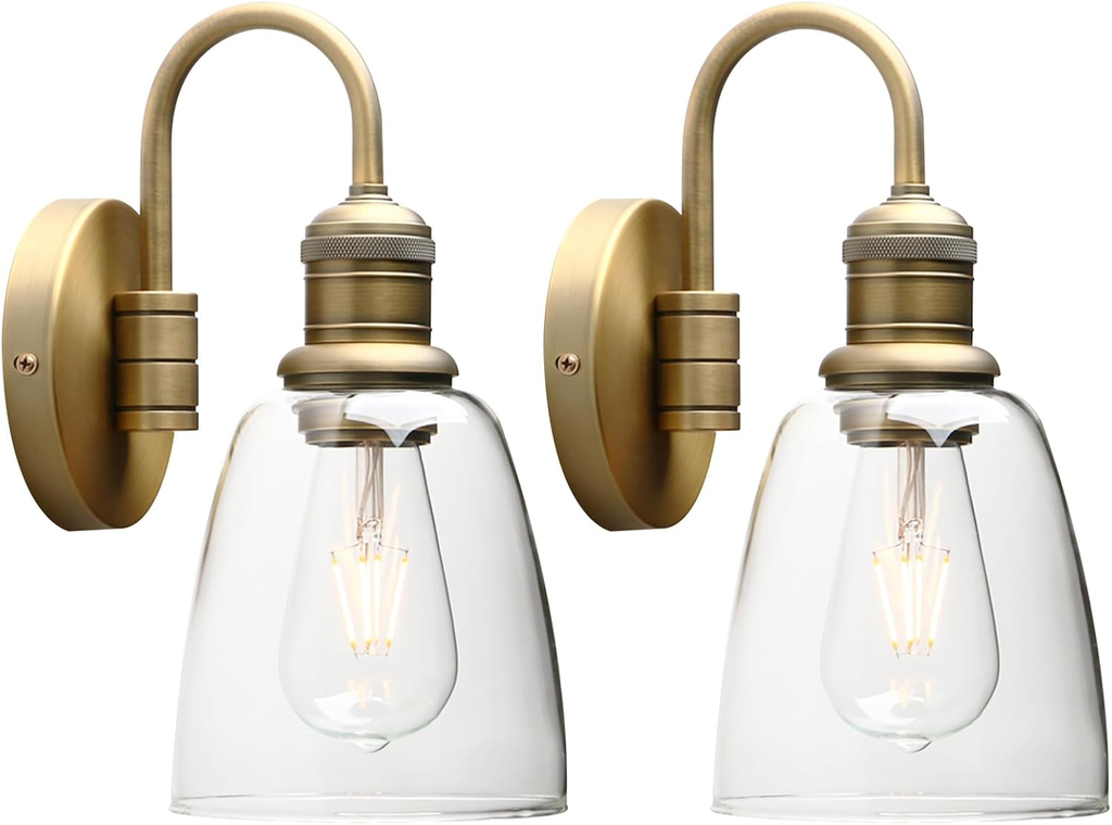 Vintage Industrial Glass Wall Sconce Light Set - Antique Gold Finish