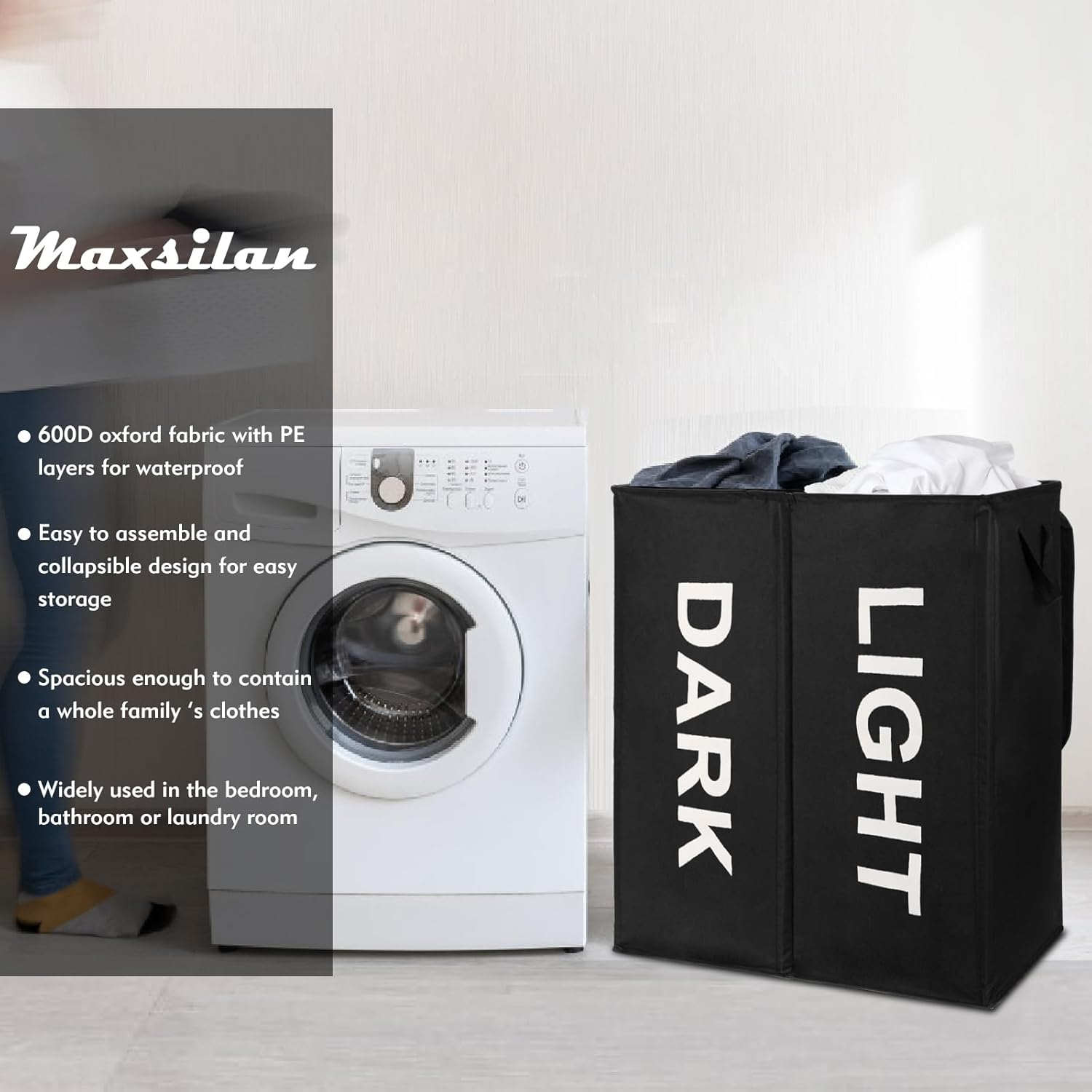 145L Collapsible Double Laundry Basket with Lid and Removable Bags, Black