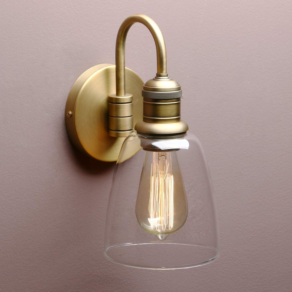 Vintage Industrial Glass Wall Sconce Light Set - Antique Gold Finish