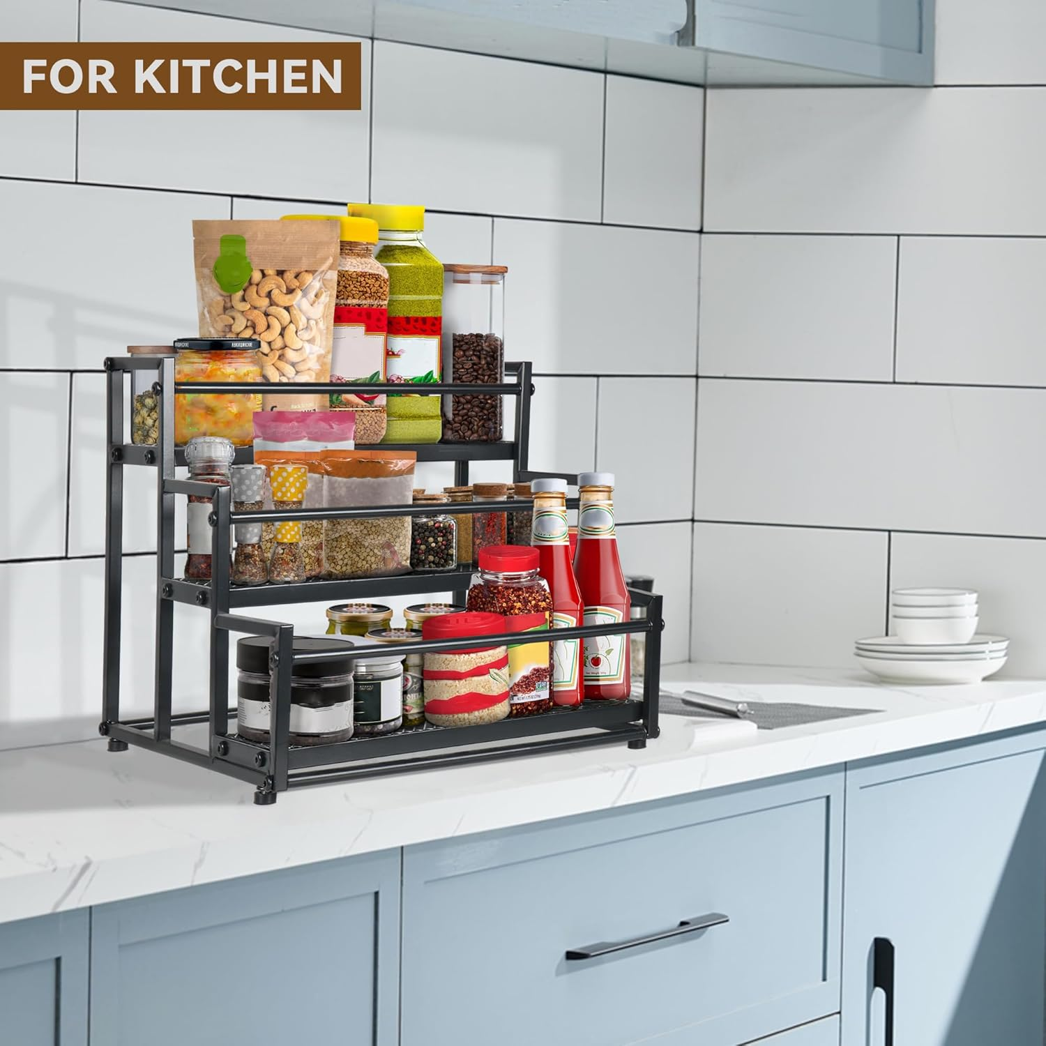 3-Tier Modern Black Wine Rack for Bottles, Spices, and Syrups