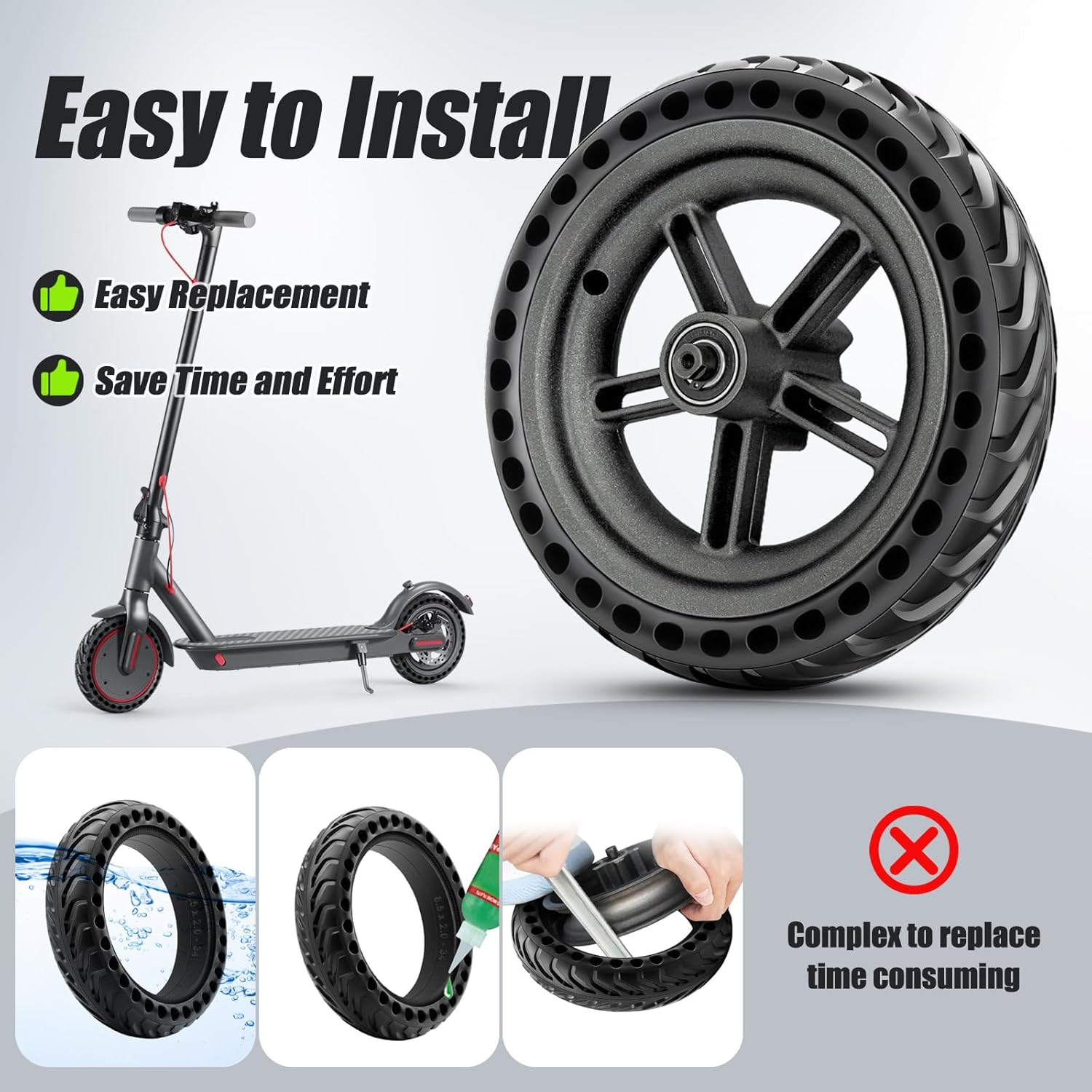8.5" Electric Scooter Rear Wheel & Rim for Xiaomi M365, Solid Tyre, Easy Mount