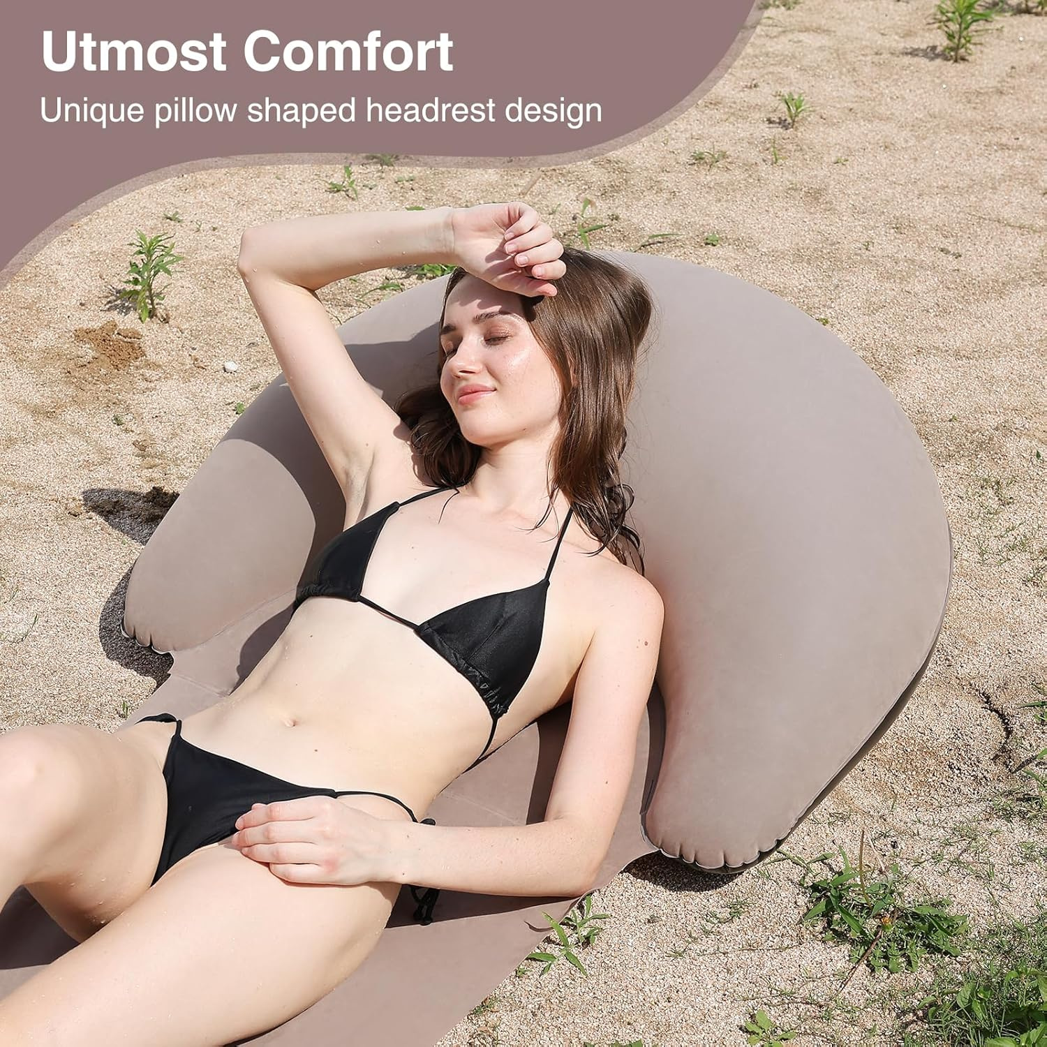 Portable Beach Mat with Inflatable Pillow, 70x30 Inches (Khaki)