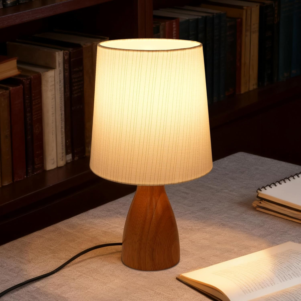 12.5-Inch Bedside Table Lamp with White Linen Shade and Gold Stripes