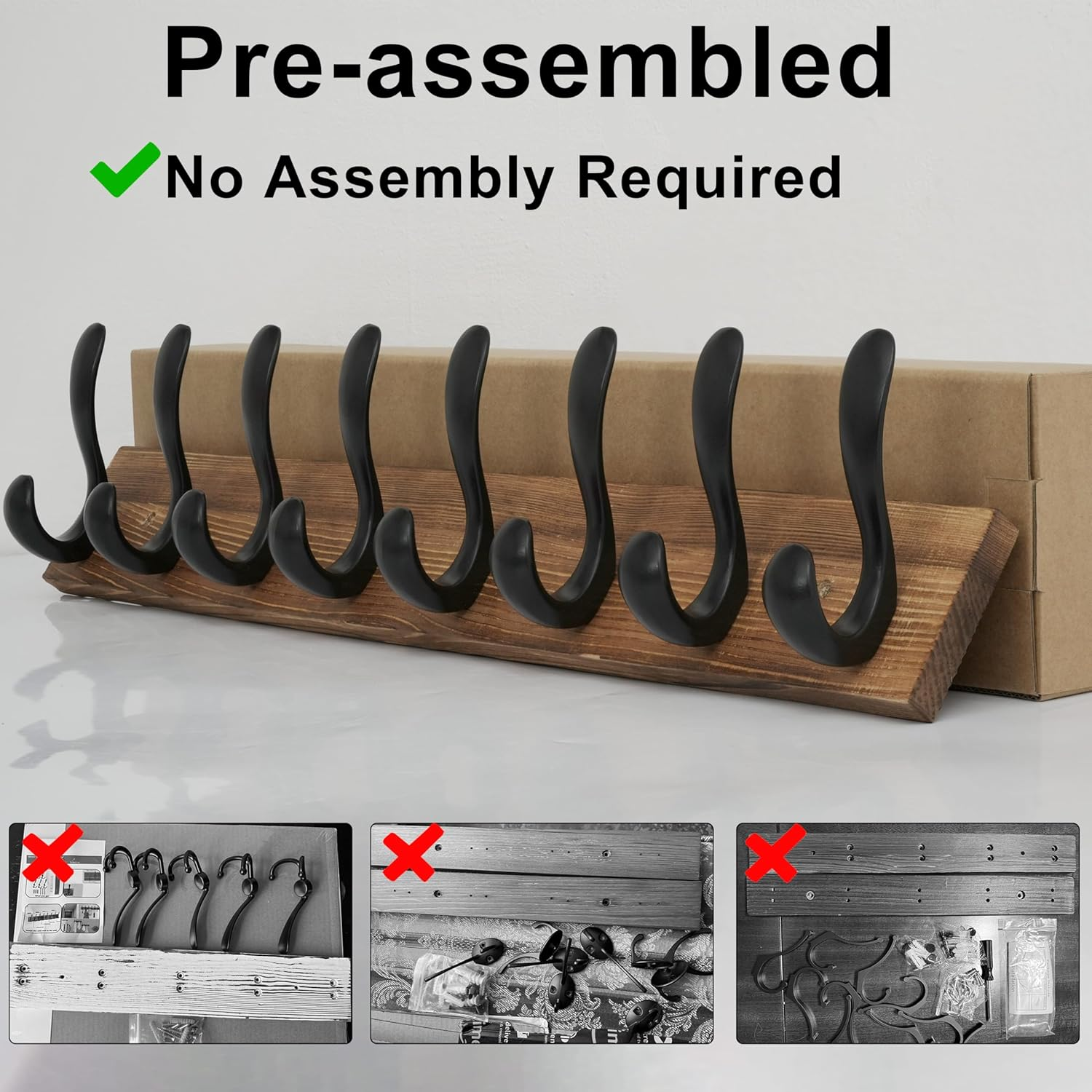 61cm Wooden Wall Coat Rack with 8 Double Hooks for Home Use