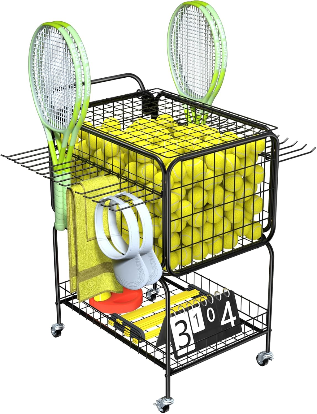 Tennis Ball Cart with Wheels, Holds 350 Balls, Racket Holder & Utility Trolley