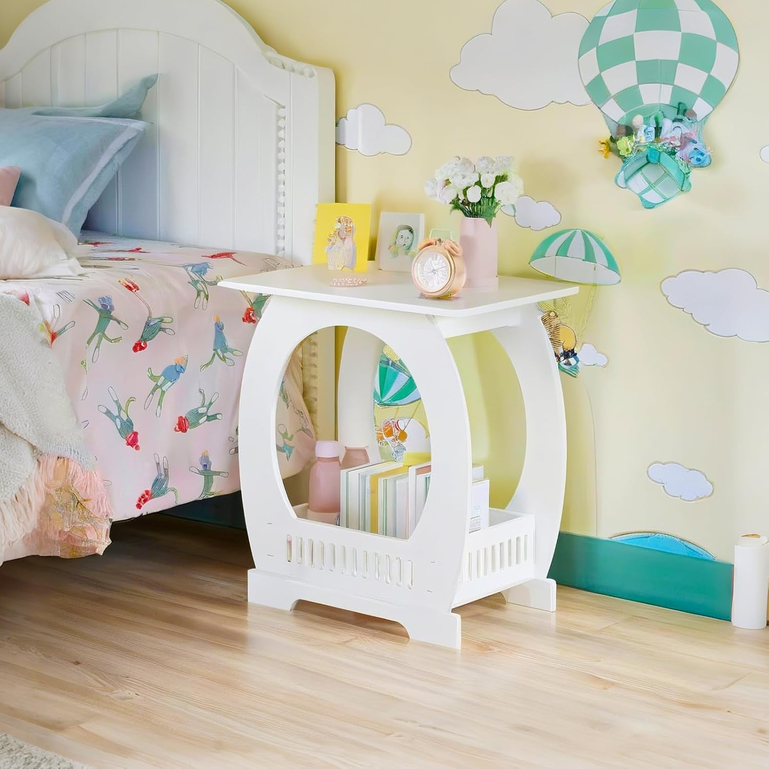2-Tier White End Table with Storage Basket for Home and Office