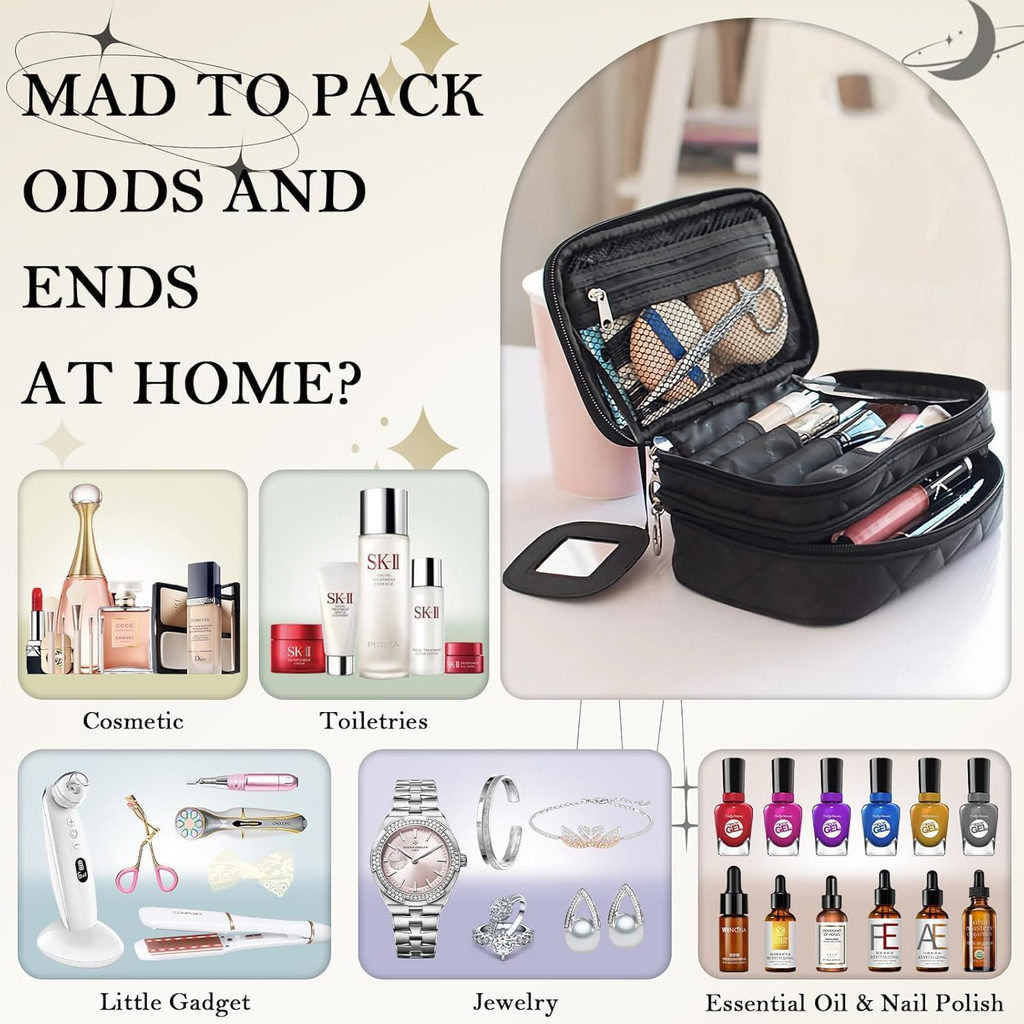 Double Layer Portable Cosmetic Bag with Mirror - Black Toiletry Organizer