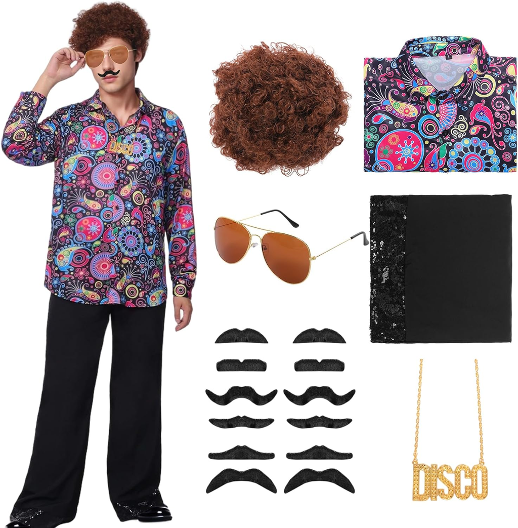 Men's 70s Disco Costume Set with Flared Pants, Shirt, M and L size