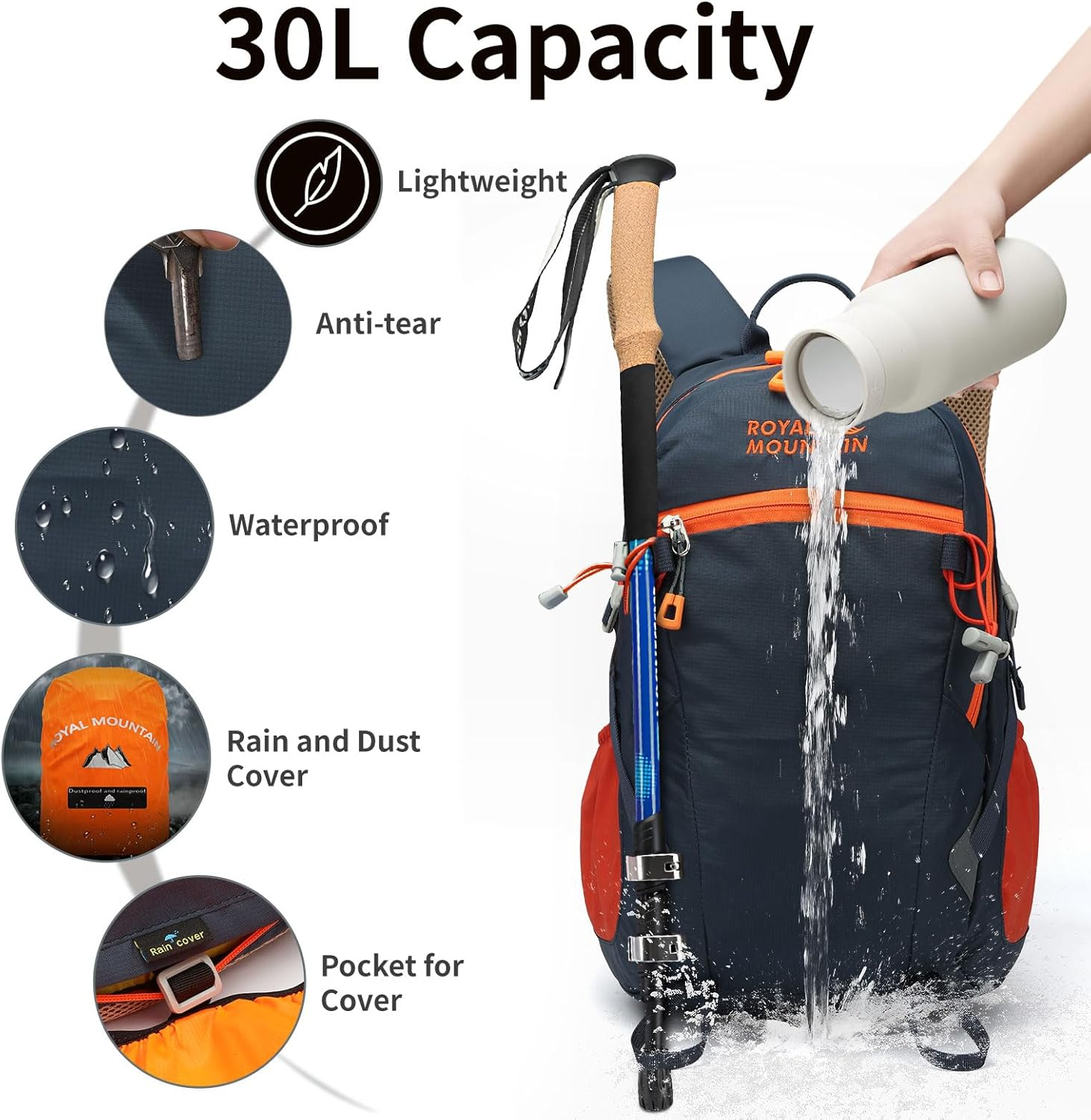 30L Lightweight Hiking Backpack with Rain Cover for 15.6" Laptop
