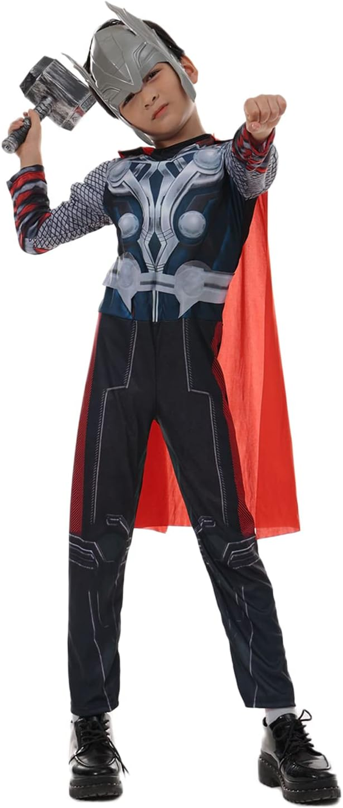 Boys Superhero Cape and Muscle Suit with Helmet for Halloween