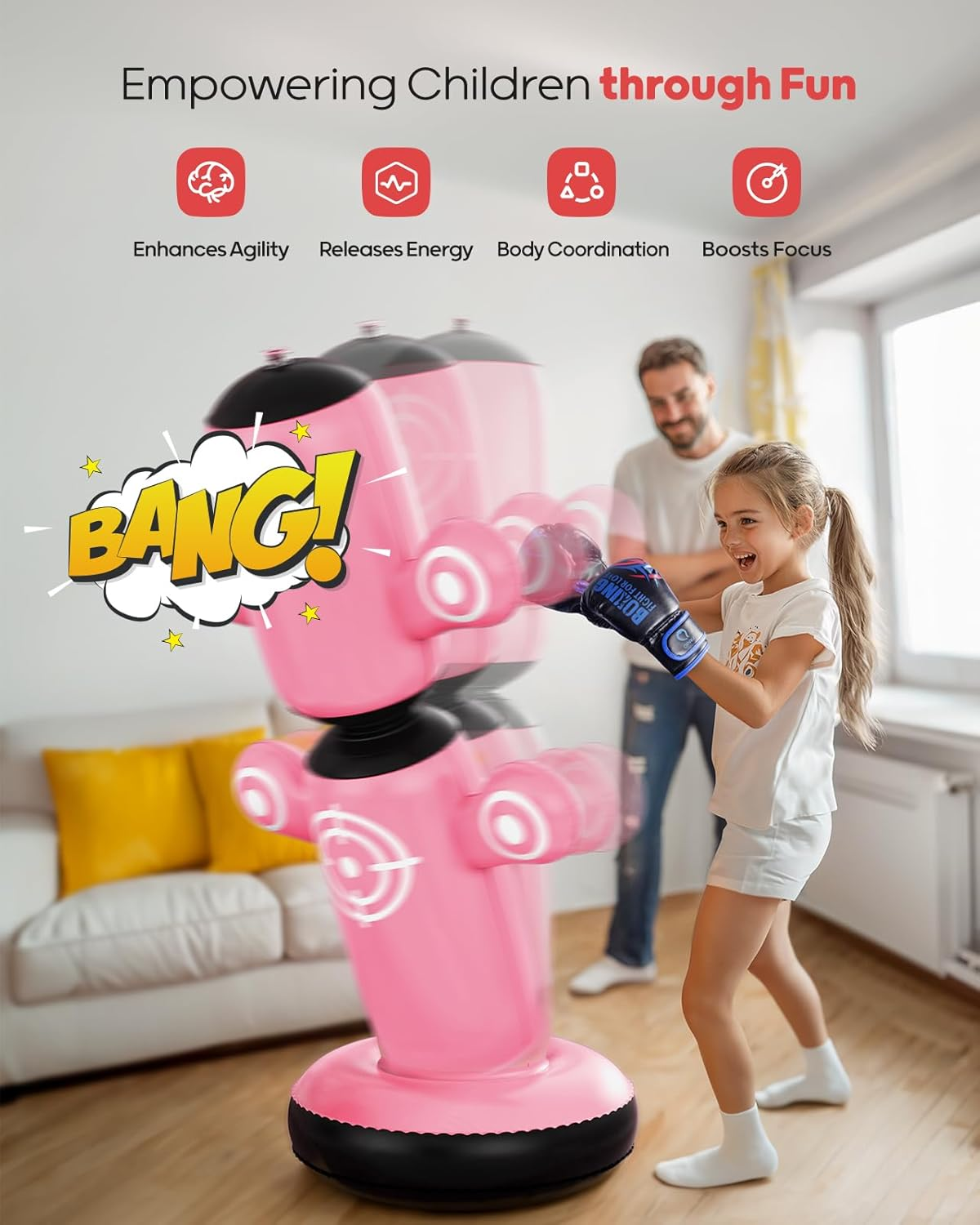 64” Rotatable Kids Punching Bag with Gloves, Pump & Targets - Pink