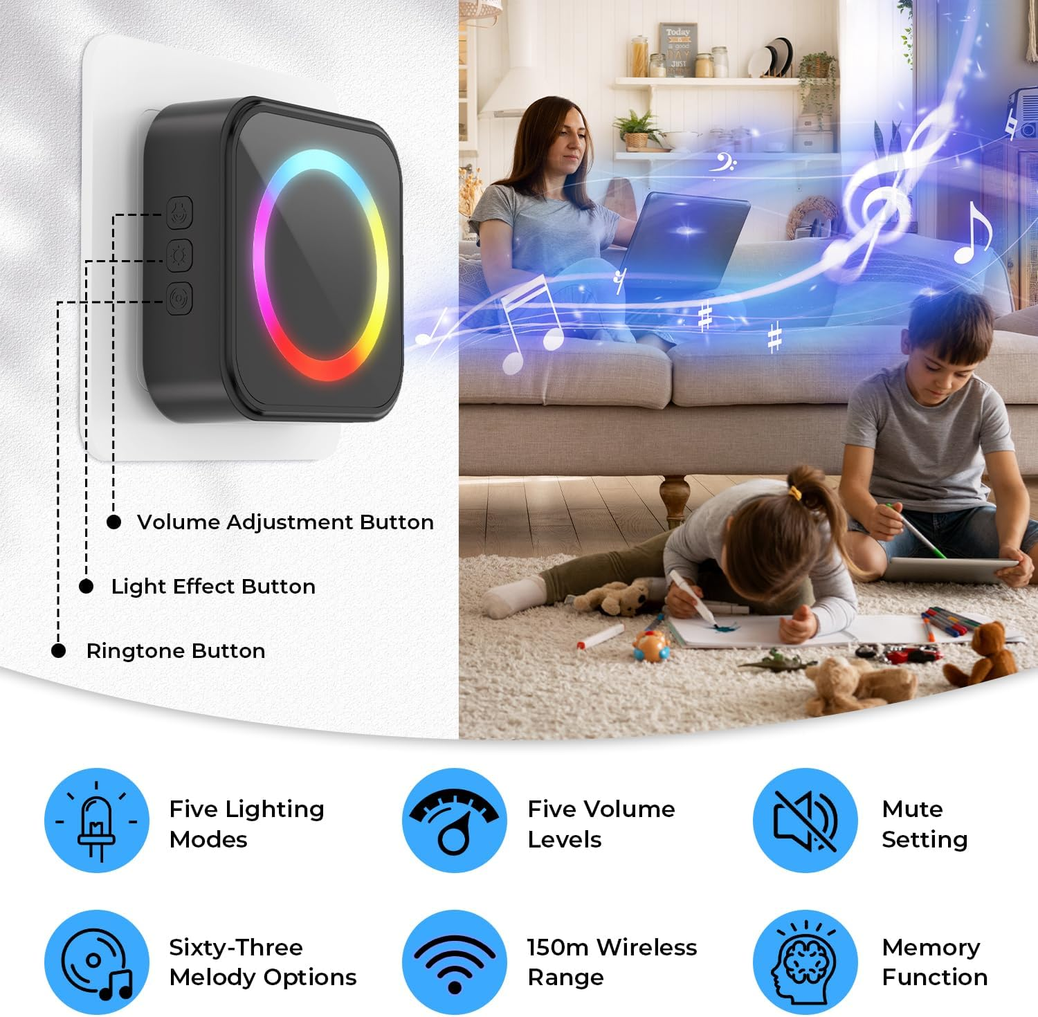 Vibrant Wireless Doorbell Kit - LED Multi-Color, Waterproof & Easy Install