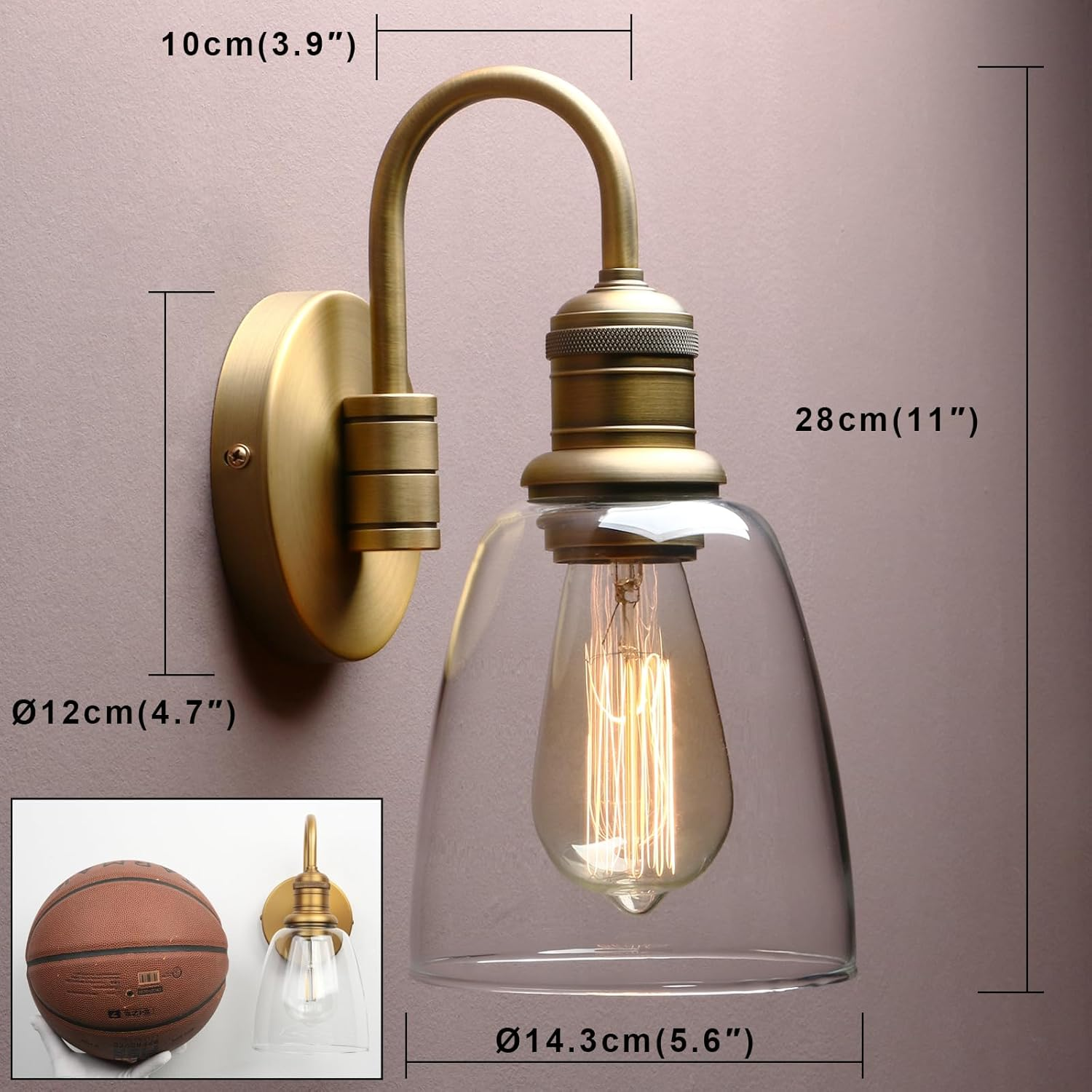 Vintage Industrial Glass Wall Sconce Light Set - Antique Gold Finish