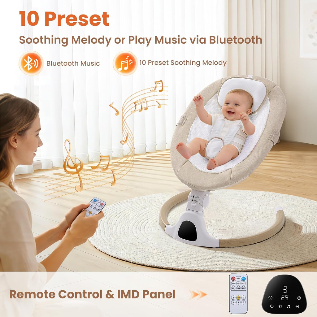 Portable Electric Baby Swing Chair with Bluetooth, Remote & 5 Speeds, Beige