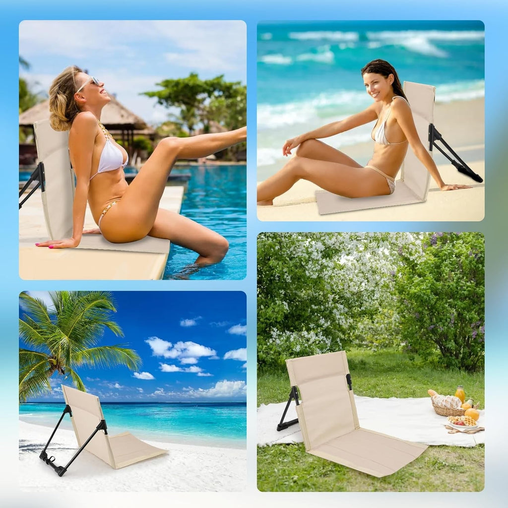 2x Foldable Poolside Lounge Chairs | Portable Beach & Camping Seats - Beige