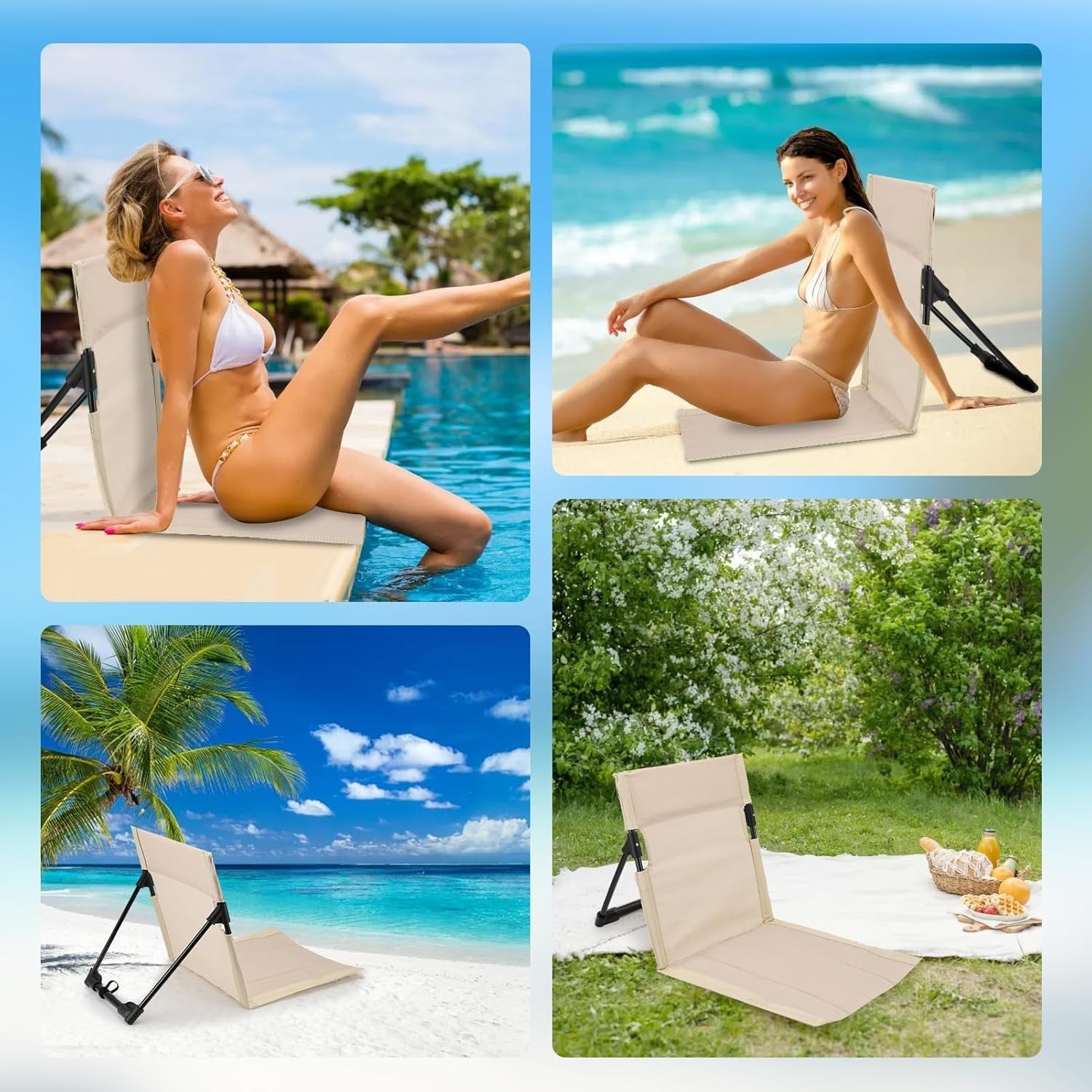 2x Foldable Poolside Lounge Chairs | Portable Beach & Camping Seats - Beige