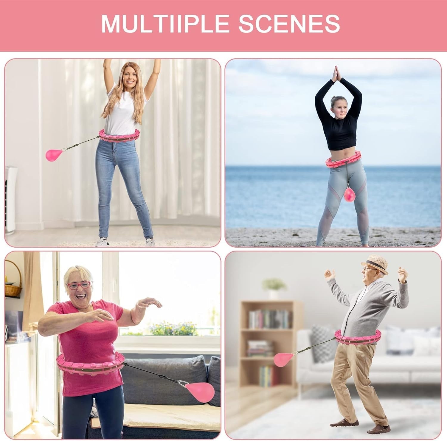 Fit Weighted Smart Hula Hoop Adjustable 24 Links Auto-Spinning Ball Pink Fitness