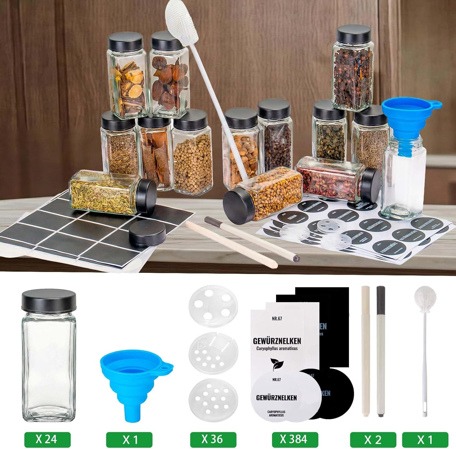 24 Glass Spice Jars with Stainless Steel Lids and Accessories for Organization