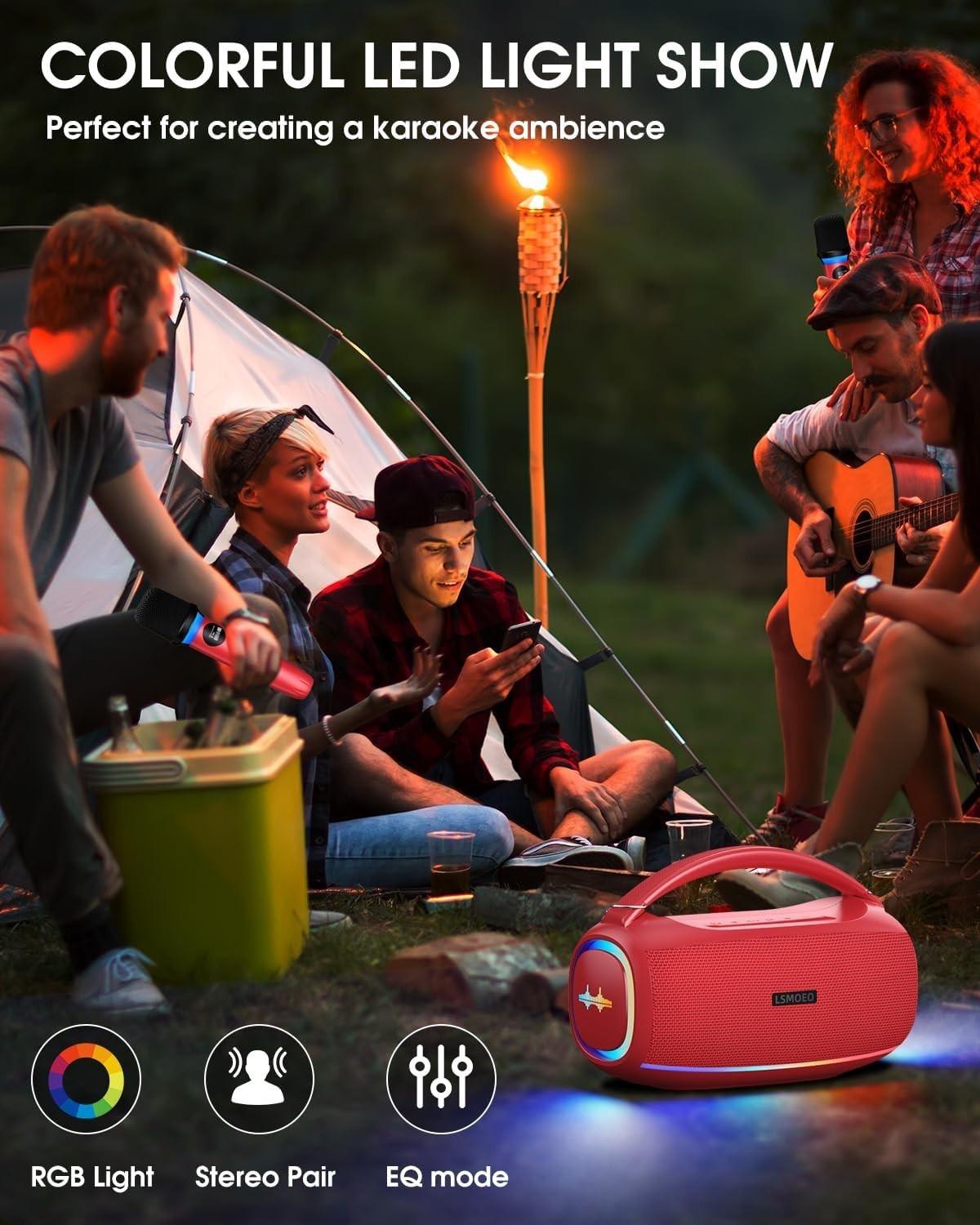 LSMOEO Bluetooth Karaoke Machine 60W Dual Mics RGB Lights Waterproof Red