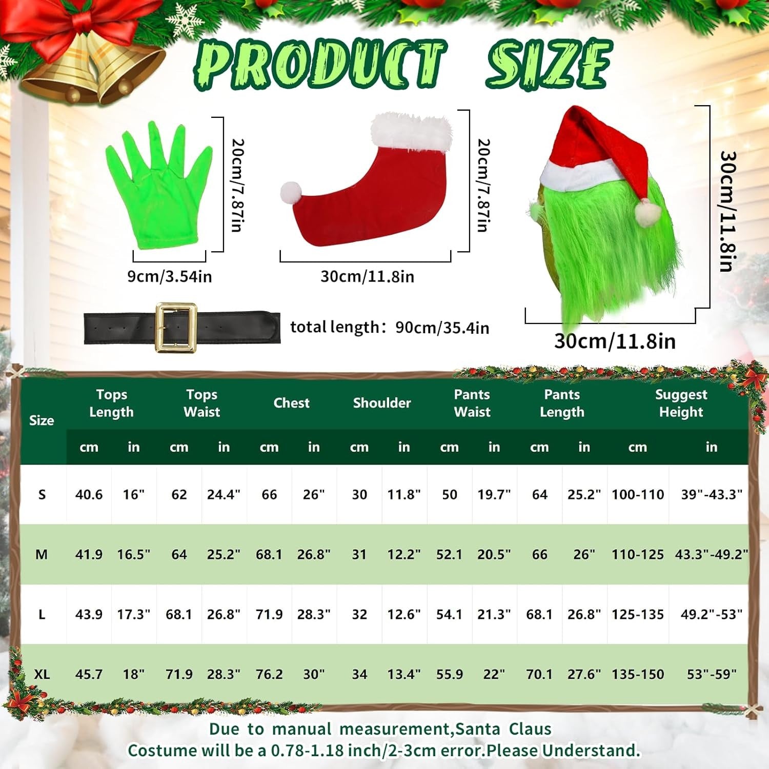 Deluxe 6PCS Kids Christmas Grinch Santa Costume with Accessories Size S