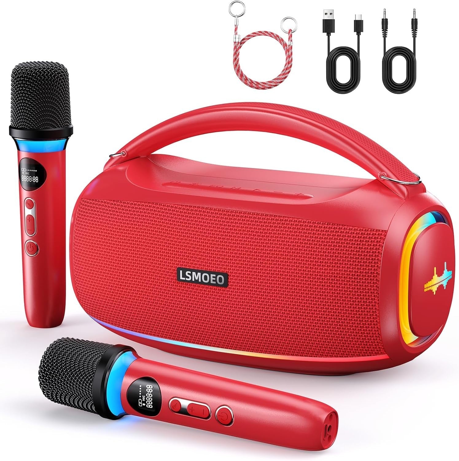 LSMOEO Bluetooth Karaoke Machine 60W Dual Mics RGB Lights Waterproof Red