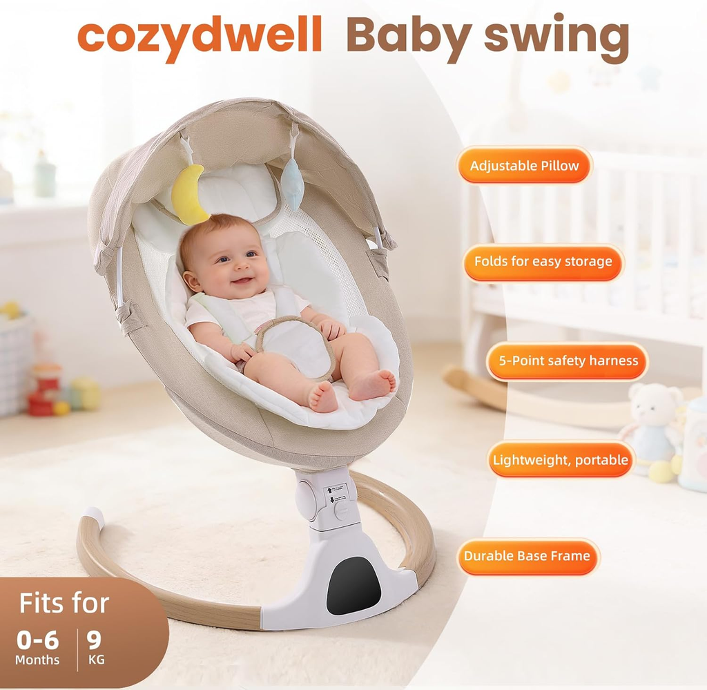Portable Electric Baby Swing Chair with Bluetooth, Remote & 5 Speeds, Beige
