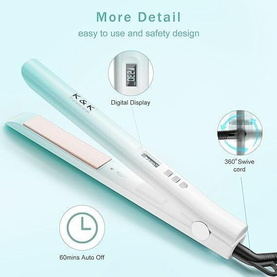 K&K 1-Inch Hair Straightener Flat Iron Green Ceramic Tourmaline 50-230°C