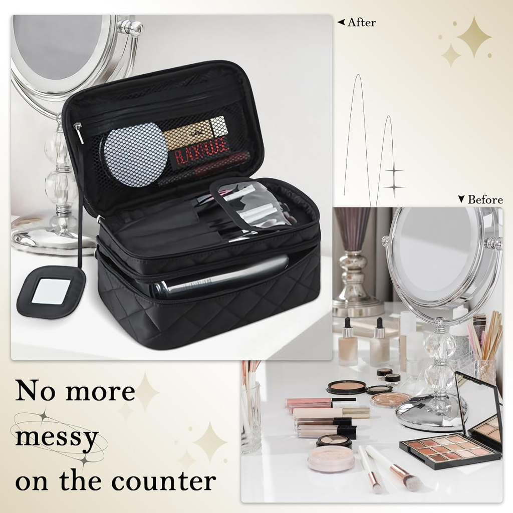 Double Layer Portable Cosmetic Bag with Mirror - Black Toiletry Organizer