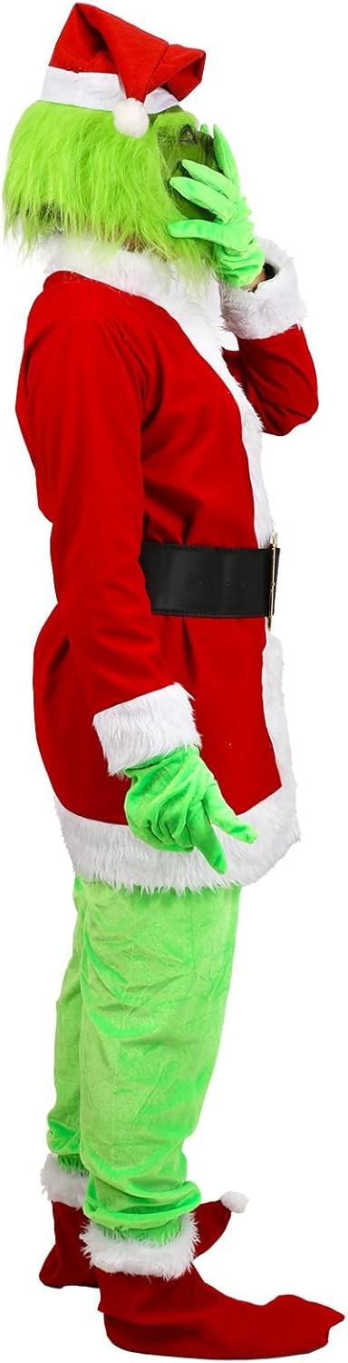 Deluxe 6PCS Kids Christmas Grinch Santa Costume with Accessories Size S