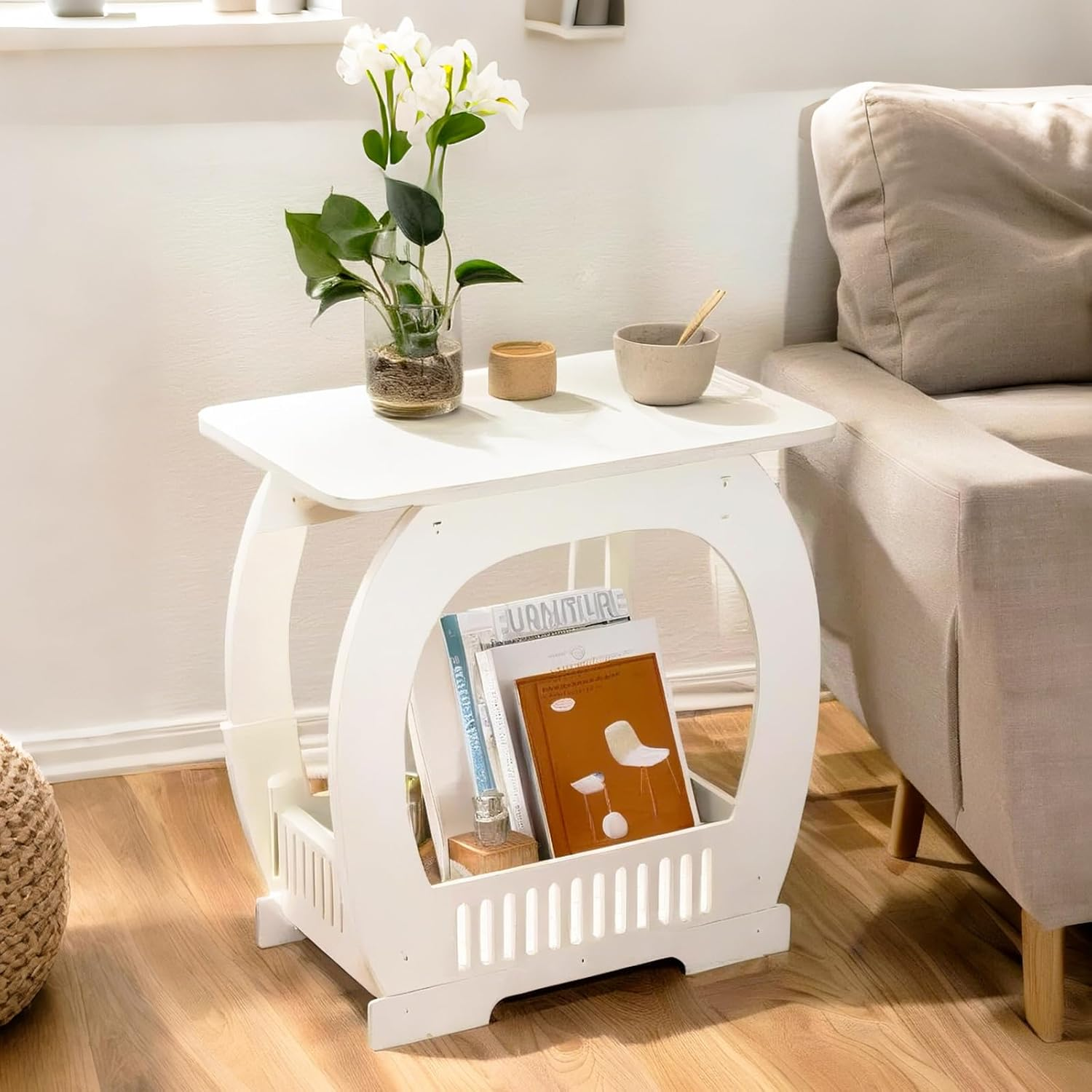 2-Tier White End Table with Storage Basket for Home and Office