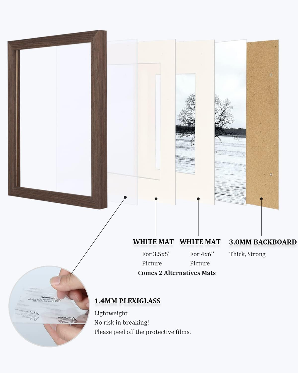 10x8 Solid Wood Picture Frame with Mat, Rustic Brown, 4 Pack