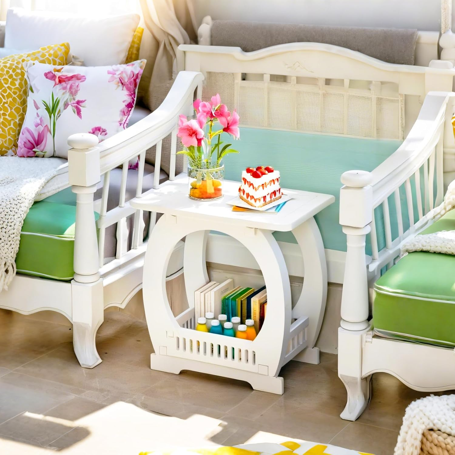 2-Tier White End Table with Storage Basket for Home and Office