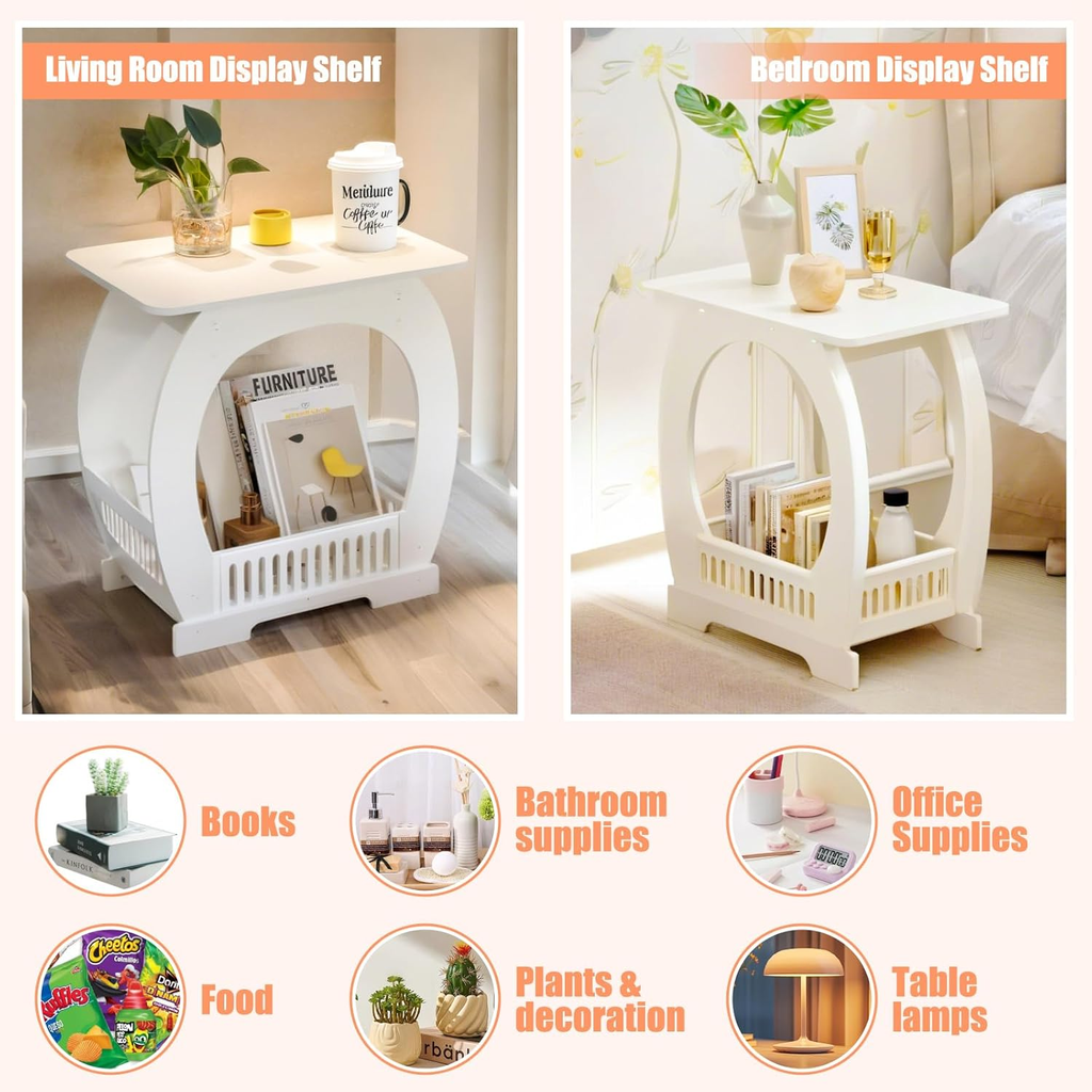 2-Tier White End Table with Storage Basket for Home and Office